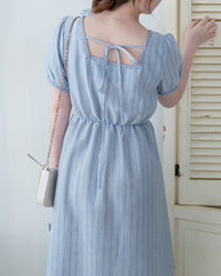 Ethnic Striped Dress 民族細邊方領後蝴蝶連身裙/ DS1128