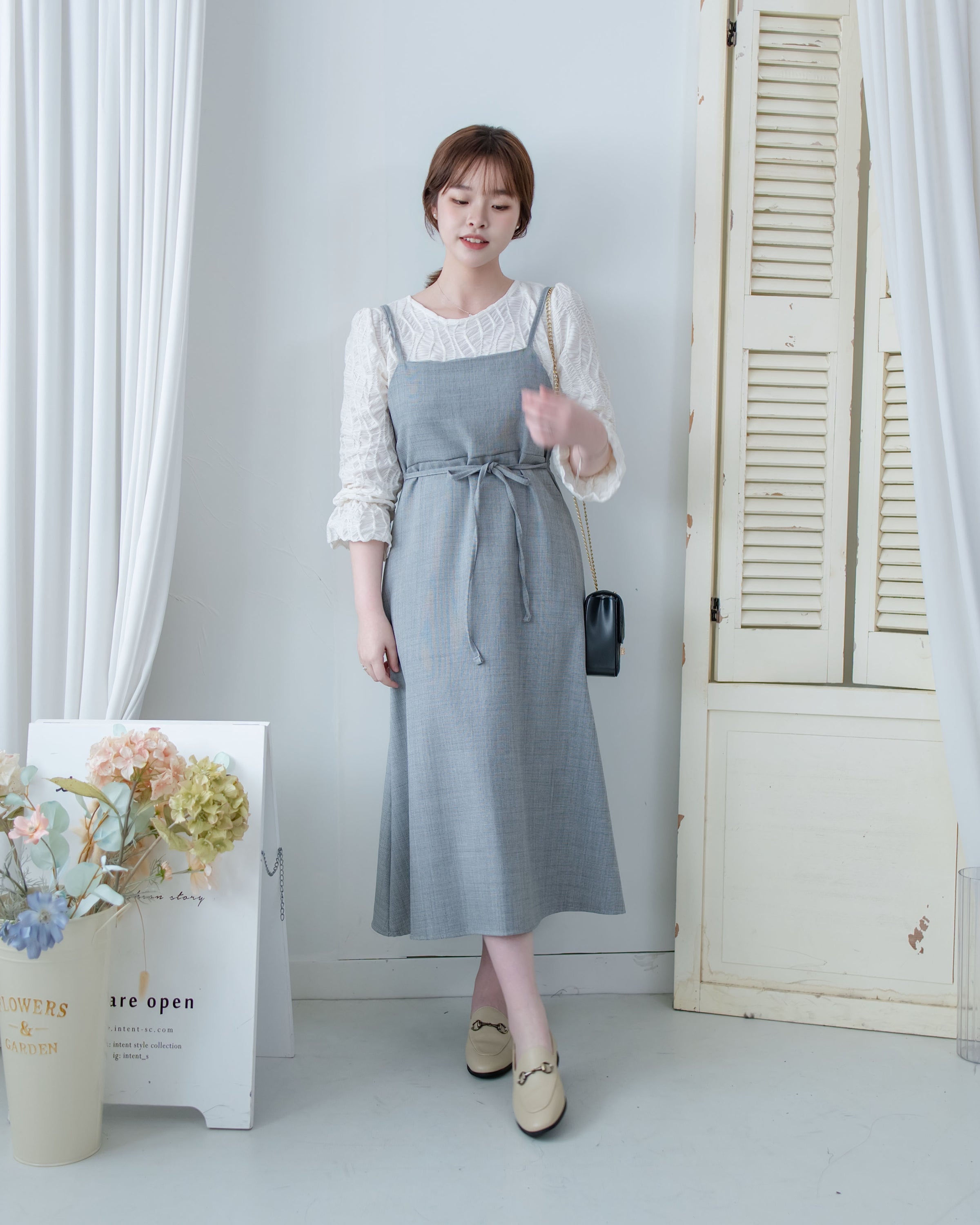 Light Tweed Vest Dress 防皺十字花紋修腰吊帶裙/ DS1118