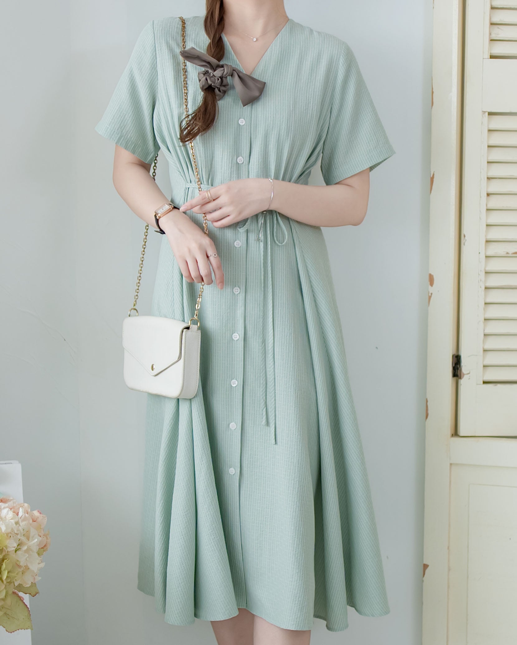 [intent label/intent製 ] Stardust Stripe Dress 星塵織線條紋顯瘦弧腰線連身裙/ DSA8003 (Honeydew sold out)
