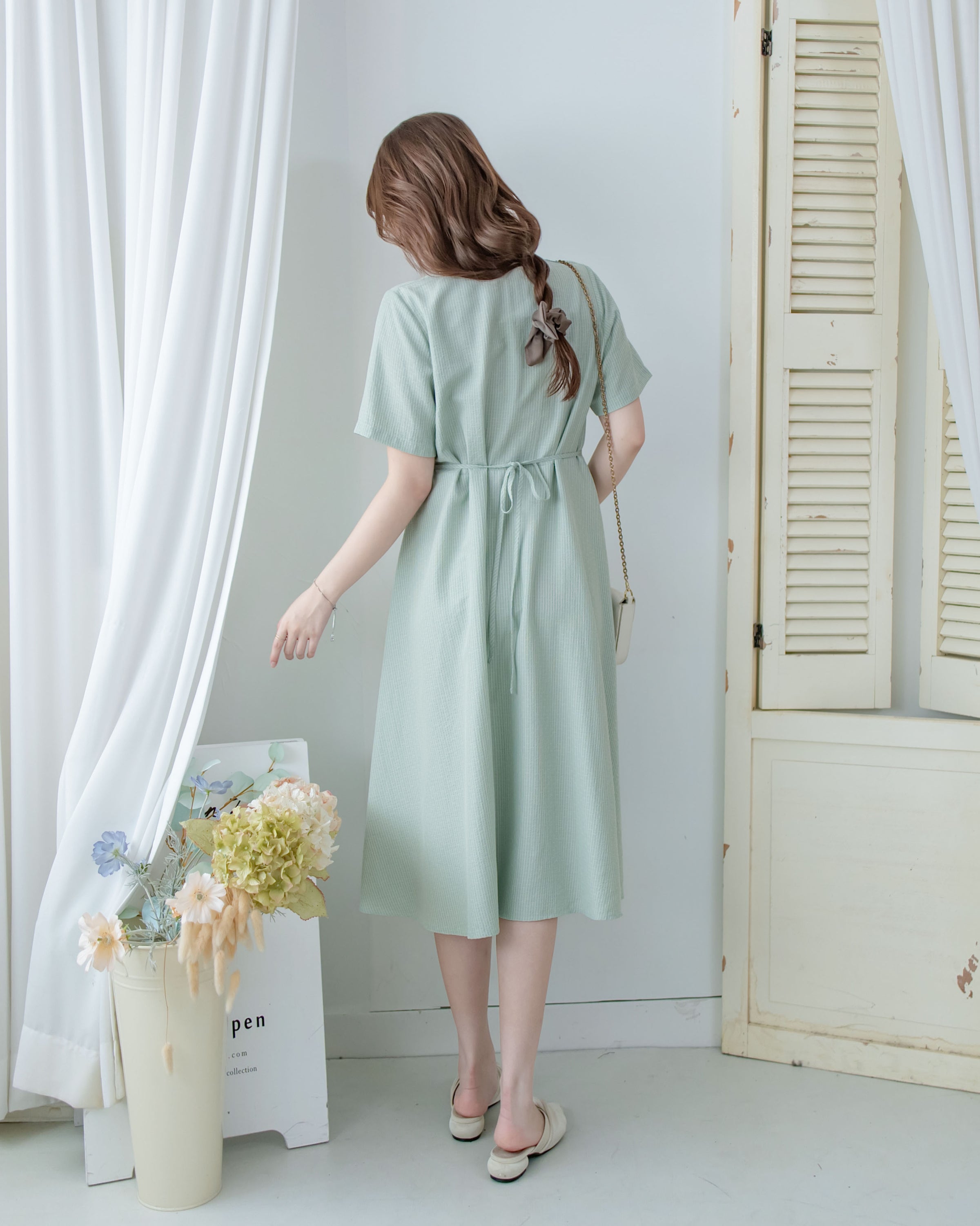 [intent label/intent製 ] Stardust Stripe Dress 星塵織線條紋顯瘦弧腰線連身裙/ DSA8003 (Honeydew sold out)