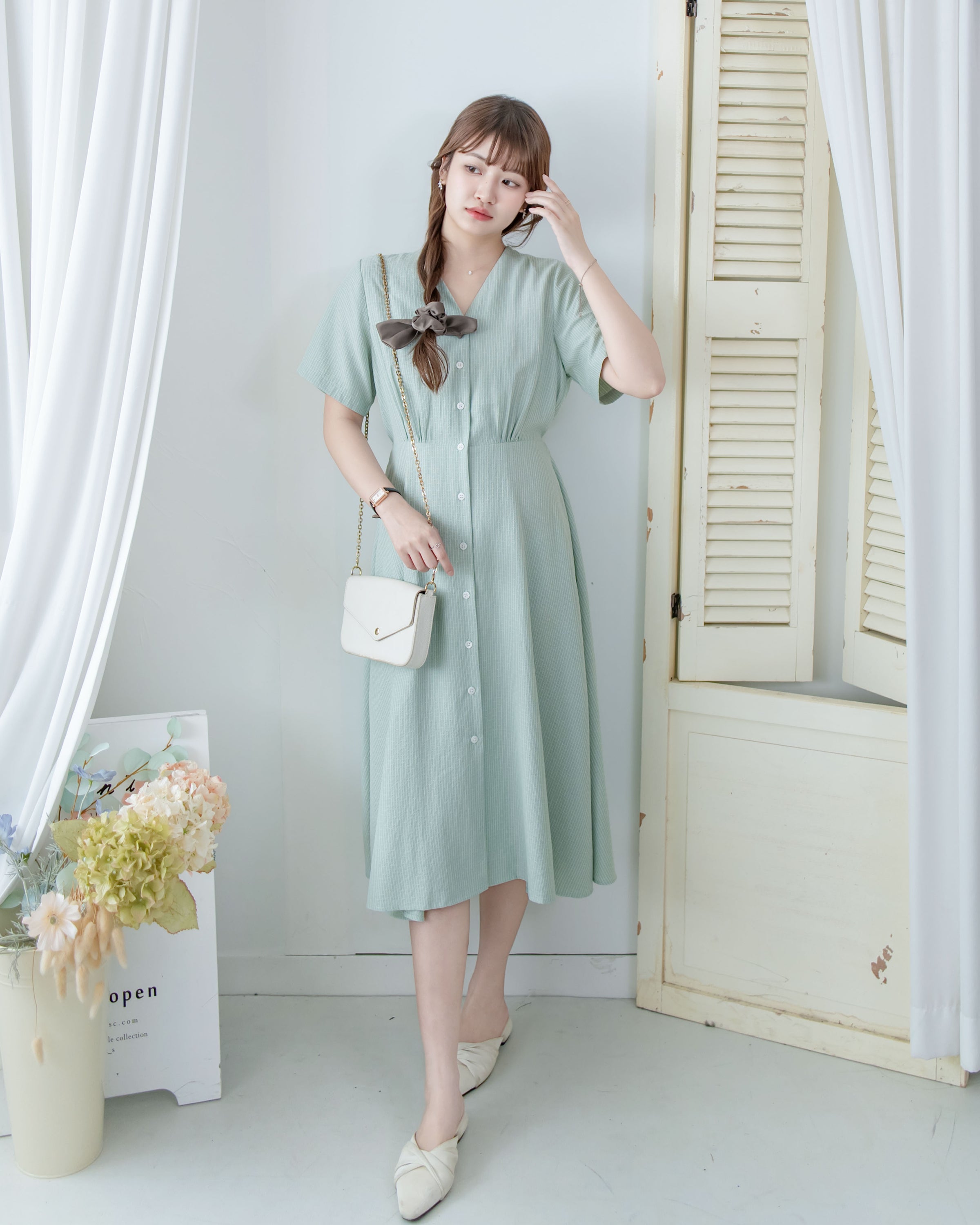 [intent label/intent製 ] Stardust Stripe Dress 星塵織線條紋顯瘦弧腰線連身裙/ DSA8003 (Honeydew sold out)
