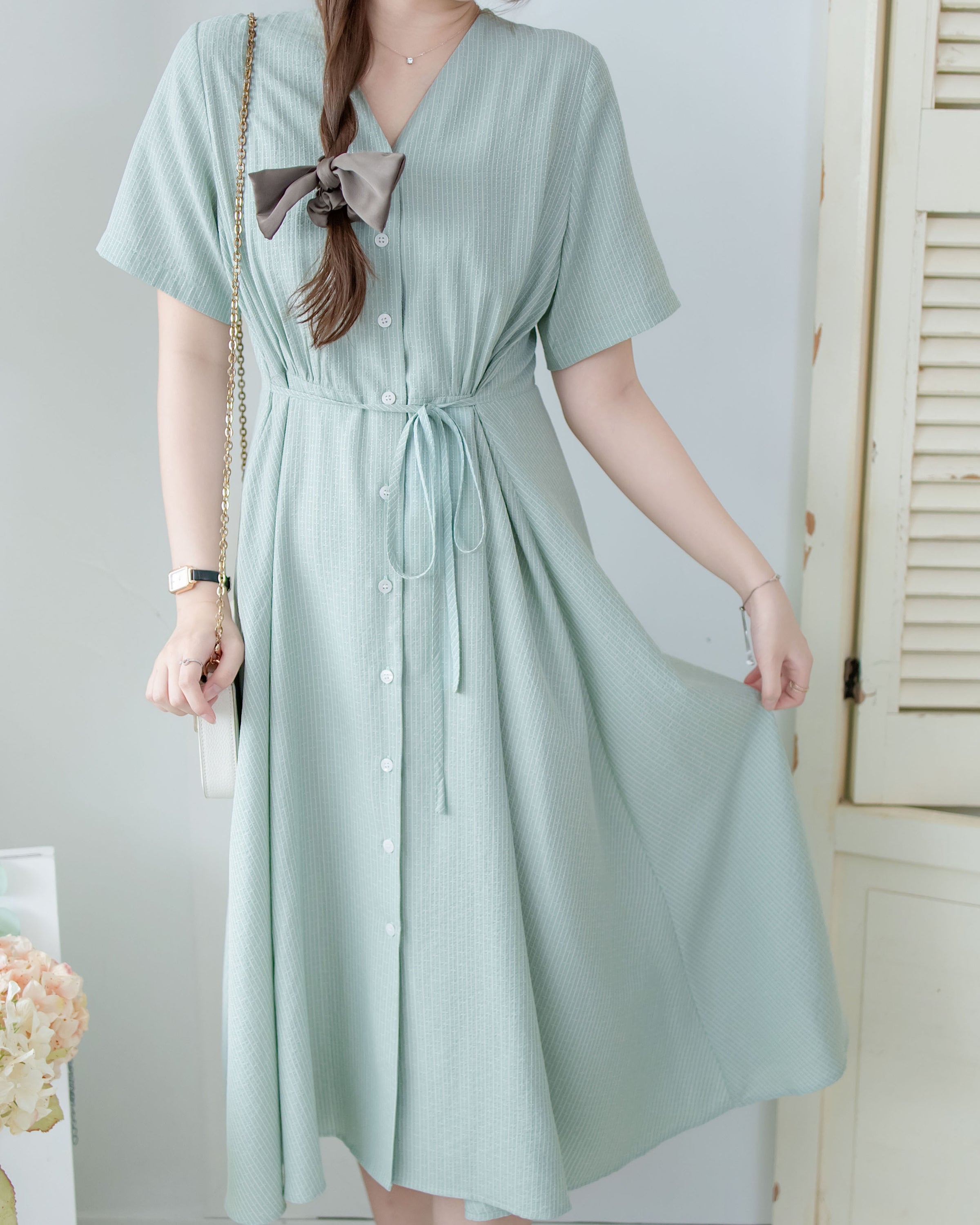 [intent label/intent製 ] Stardust Stripe Dress 星塵織線條紋顯瘦弧腰線連身裙/ DSA8003 (Honeydew sold out)