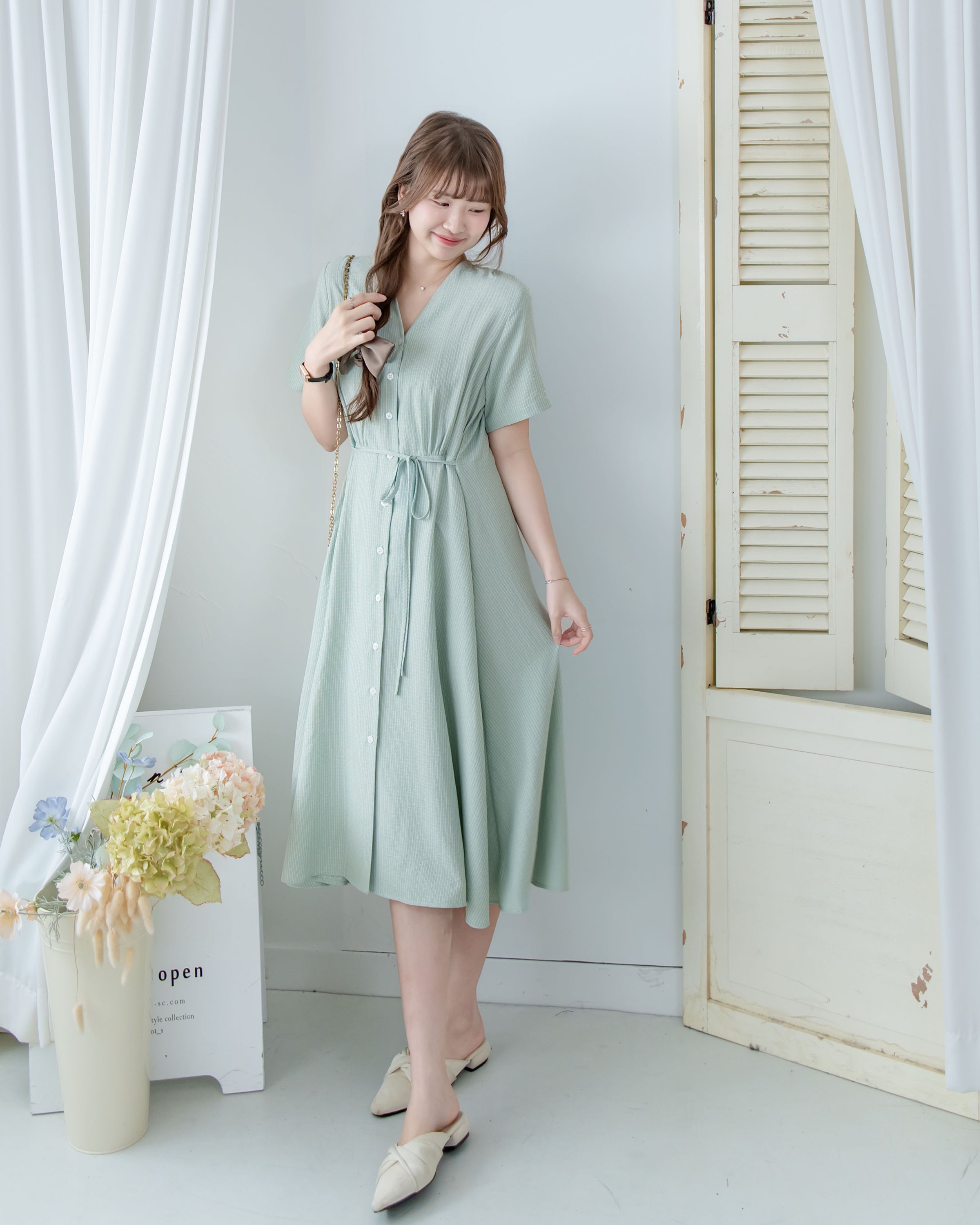 [intent label/intent製 ] Stardust Stripe Dress 星塵織線條紋顯瘦弧腰線連身裙/ DSA8003 (Honeydew sold out)