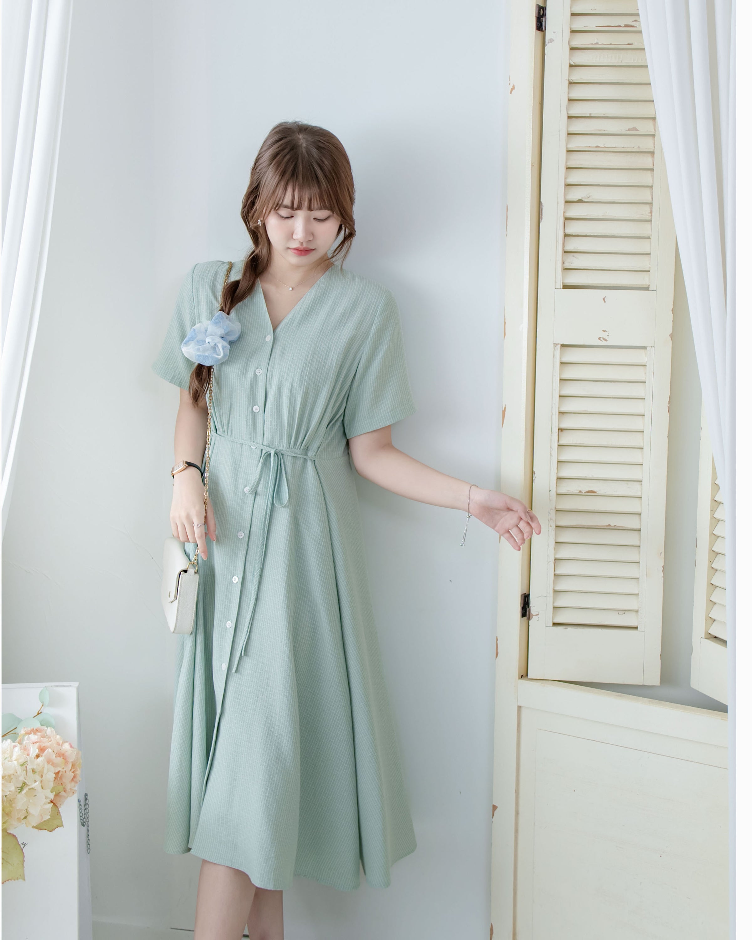 [intent label/intent製 ] Stardust Stripe Dress 星塵織線條紋顯瘦弧腰線連身裙/ DSA8003 (Honeydew sold out)