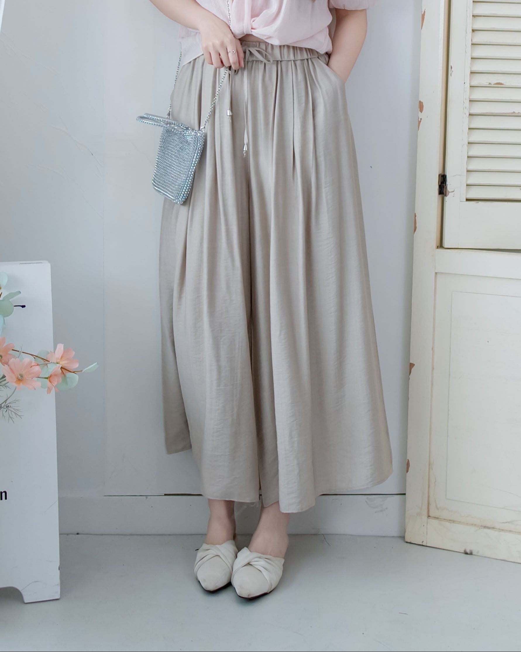 Glossy Wide Leg Pants 光澤感金飾點綴傘裙褲/ PT8479 (pre-order 5月28截單)