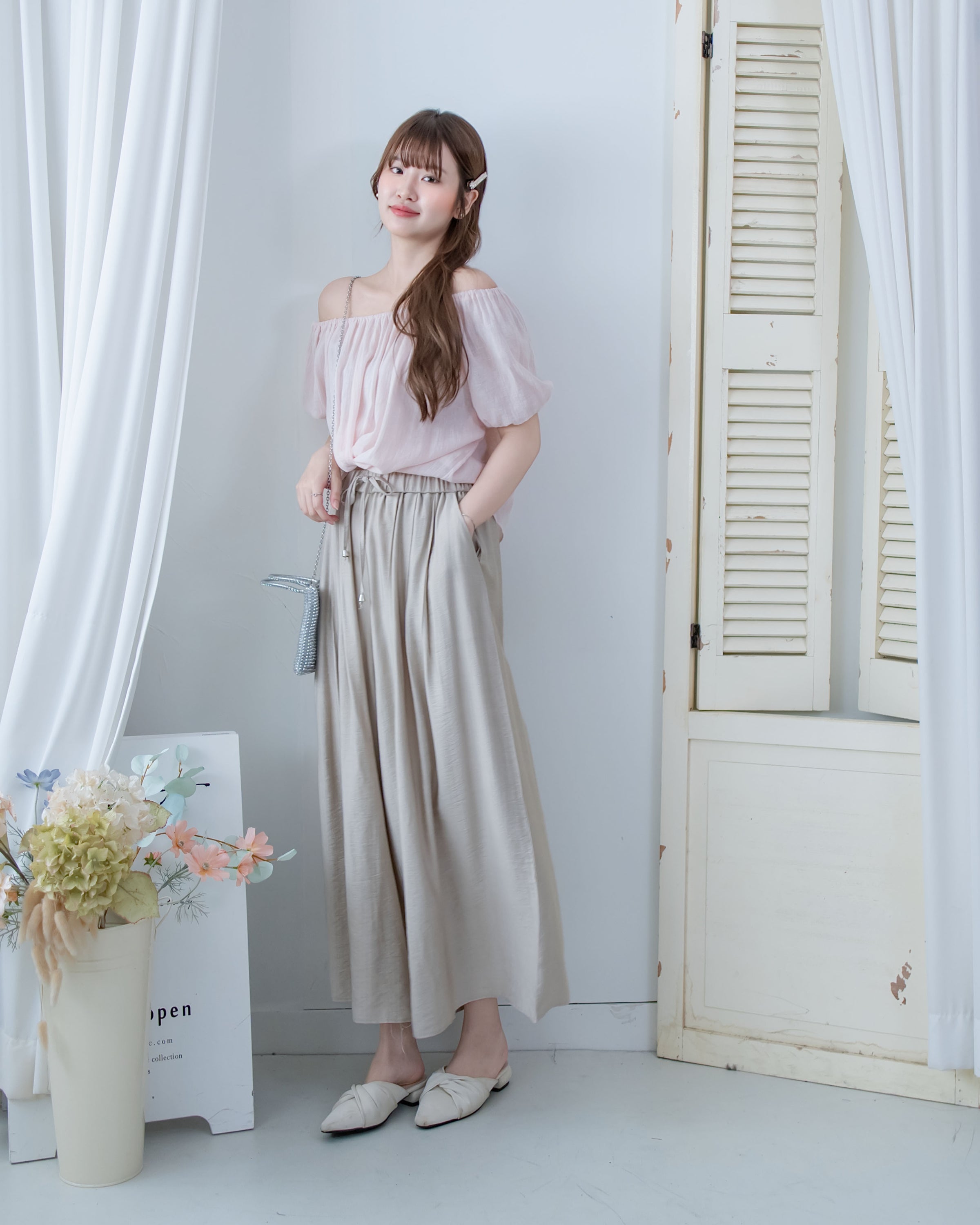 Glossy Wide Leg Pants 光澤感金飾點綴傘裙褲/ PT8479 (pre-order 5月28截單)