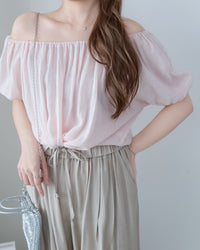 Romantic Puff Blouse 薄紗泡泡袖彈性領上衣/ TP9223