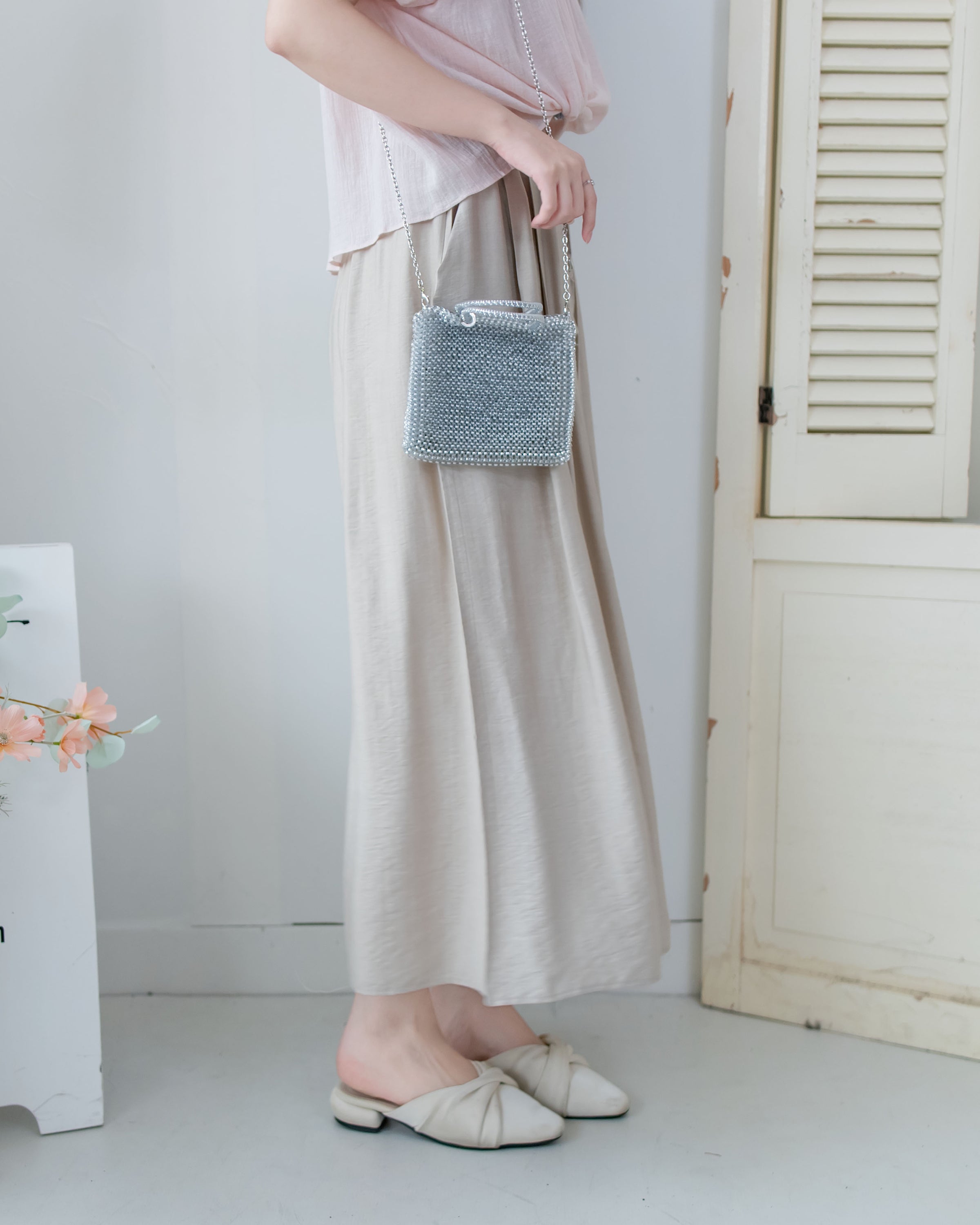 Glossy Wide Leg Pants 光澤感金飾點綴傘裙褲/ PT8479 (pre-order 5月28截單)