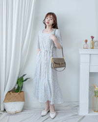 Floral Fishtail Dress 法式方領立體腰褶魚尾印花口袋連身裙/ DS1131 (pre-order)