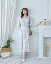 Floral Fishtail Dress 法式方領立體腰褶魚尾印花口袋連身裙/ DS1131 (pre-order)