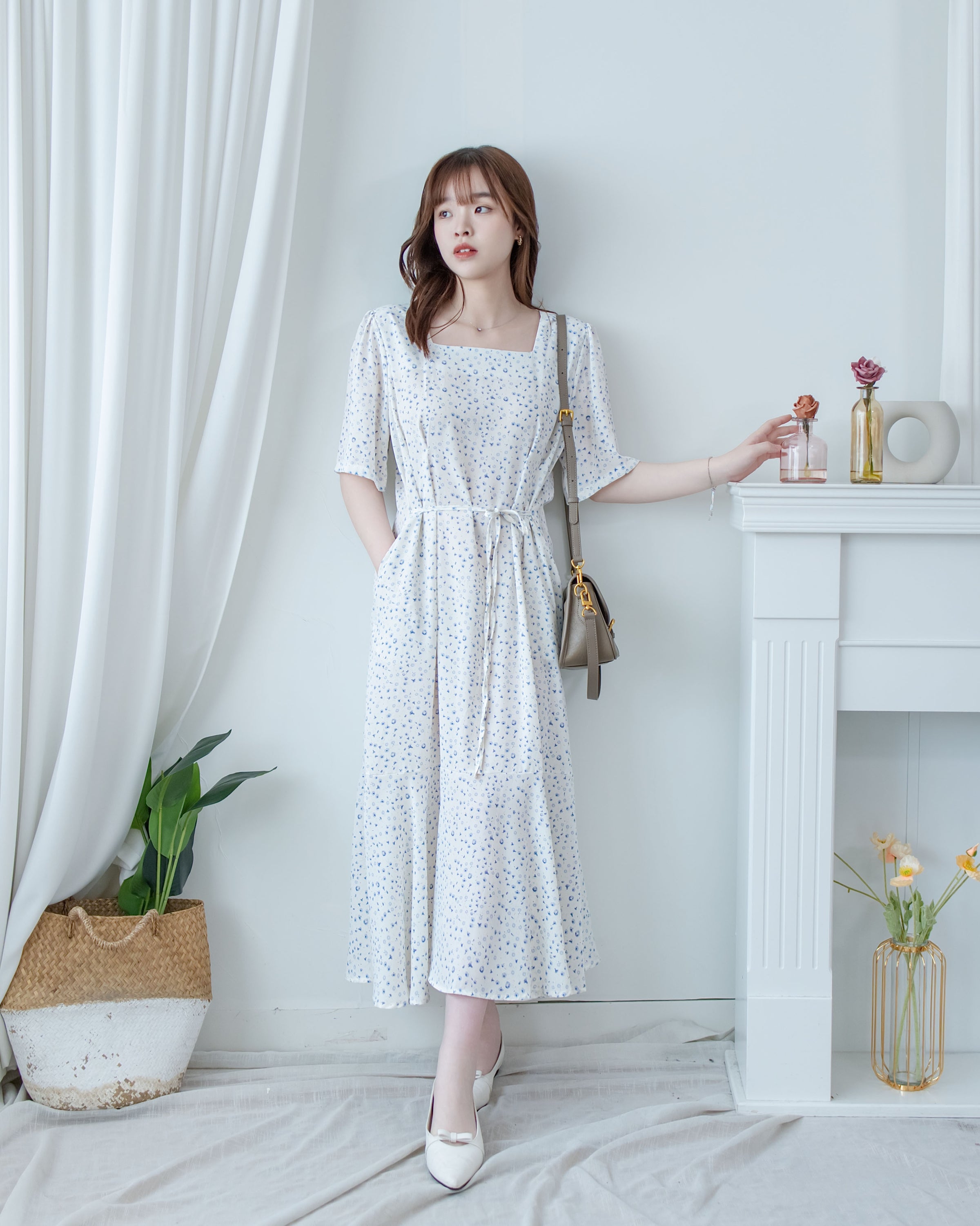 Floral Fishtail Dress 法式方領立體腰褶魚尾印花口袋連身裙/ DS1131 (pre-order)