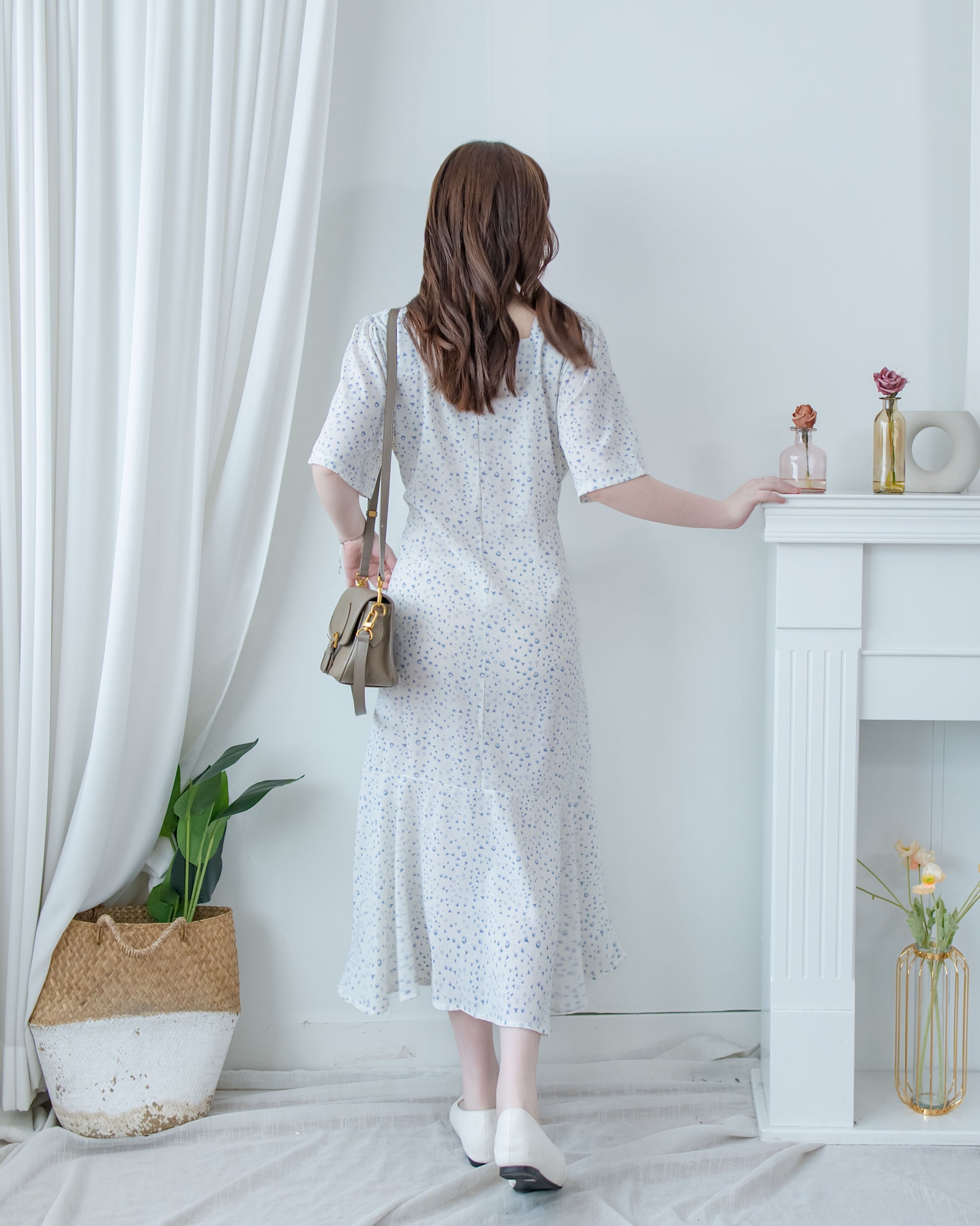 Floral Fishtail Dress 法式方領立體腰褶魚尾印花口袋連身裙/ DS1131 (pre-order)