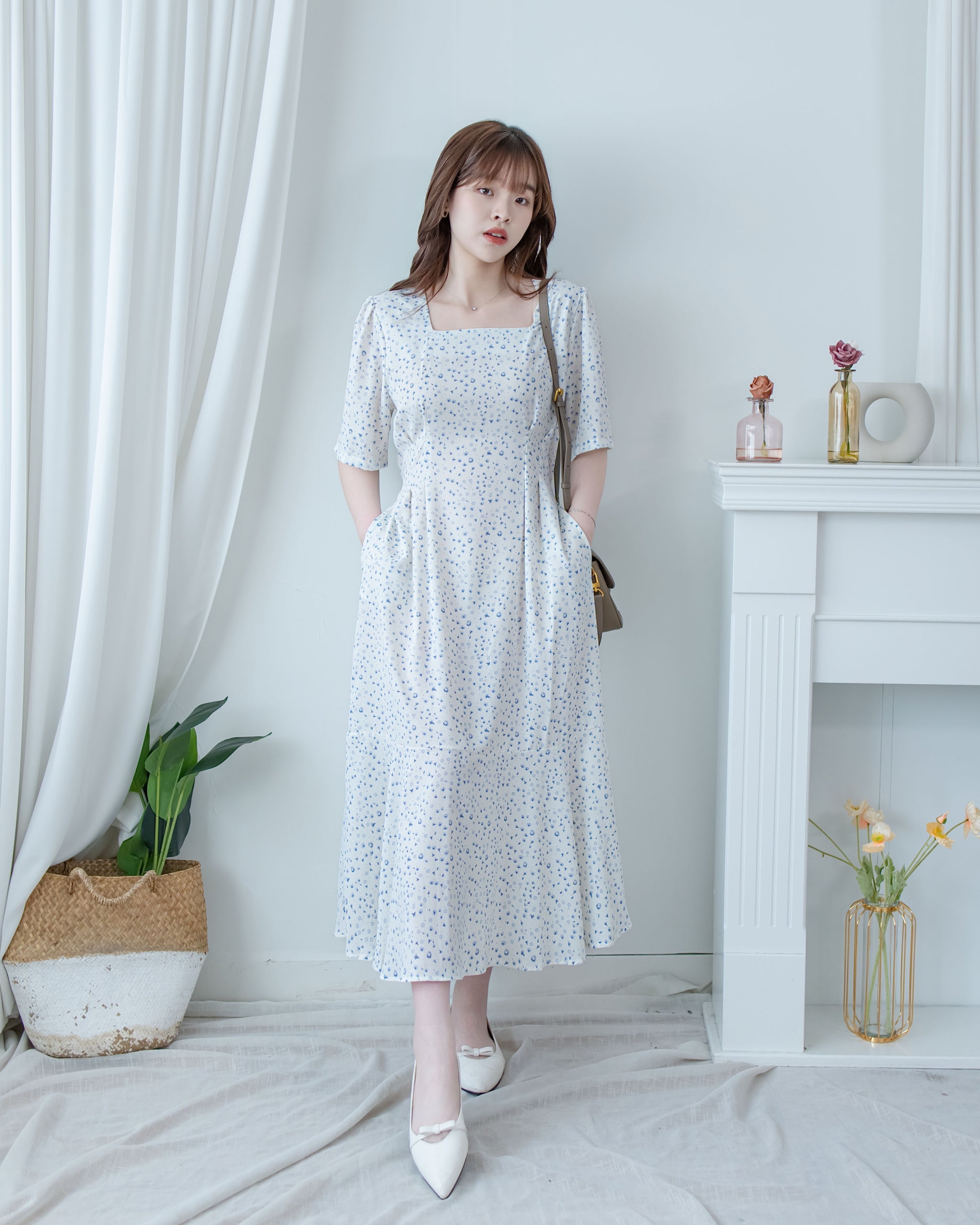 Floral Fishtail Dress 法式方領立體腰褶魚尾印花口袋連身裙/ DS1131 (pre-order)