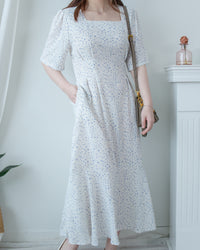 Floral Fishtail Dress 法式方領立體腰褶魚尾印花口袋連身裙/ DS1131 (pre-order)