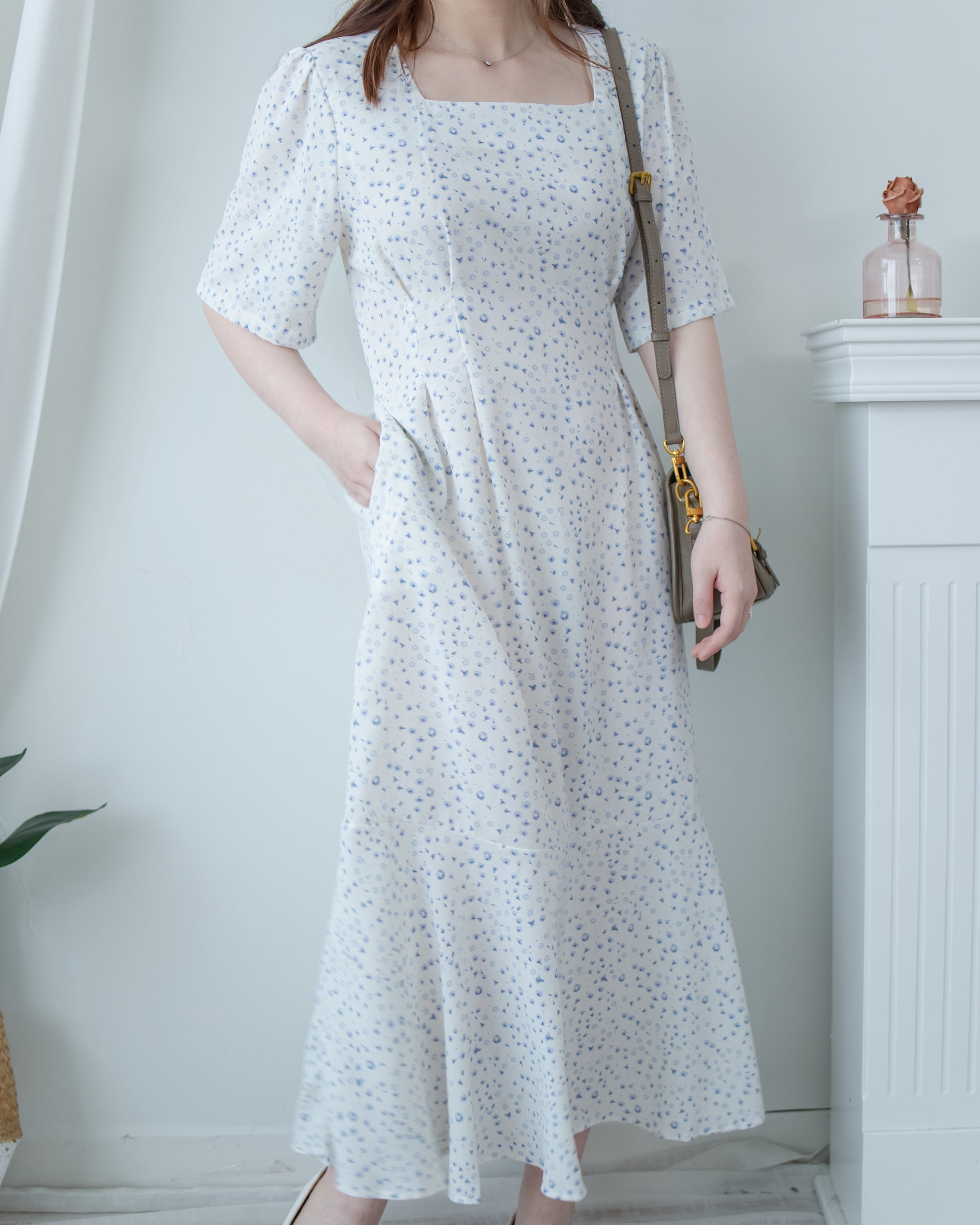Floral Fishtail Dress 法式方領立體腰褶魚尾印花口袋連身裙/ DS1131 (pre-order)