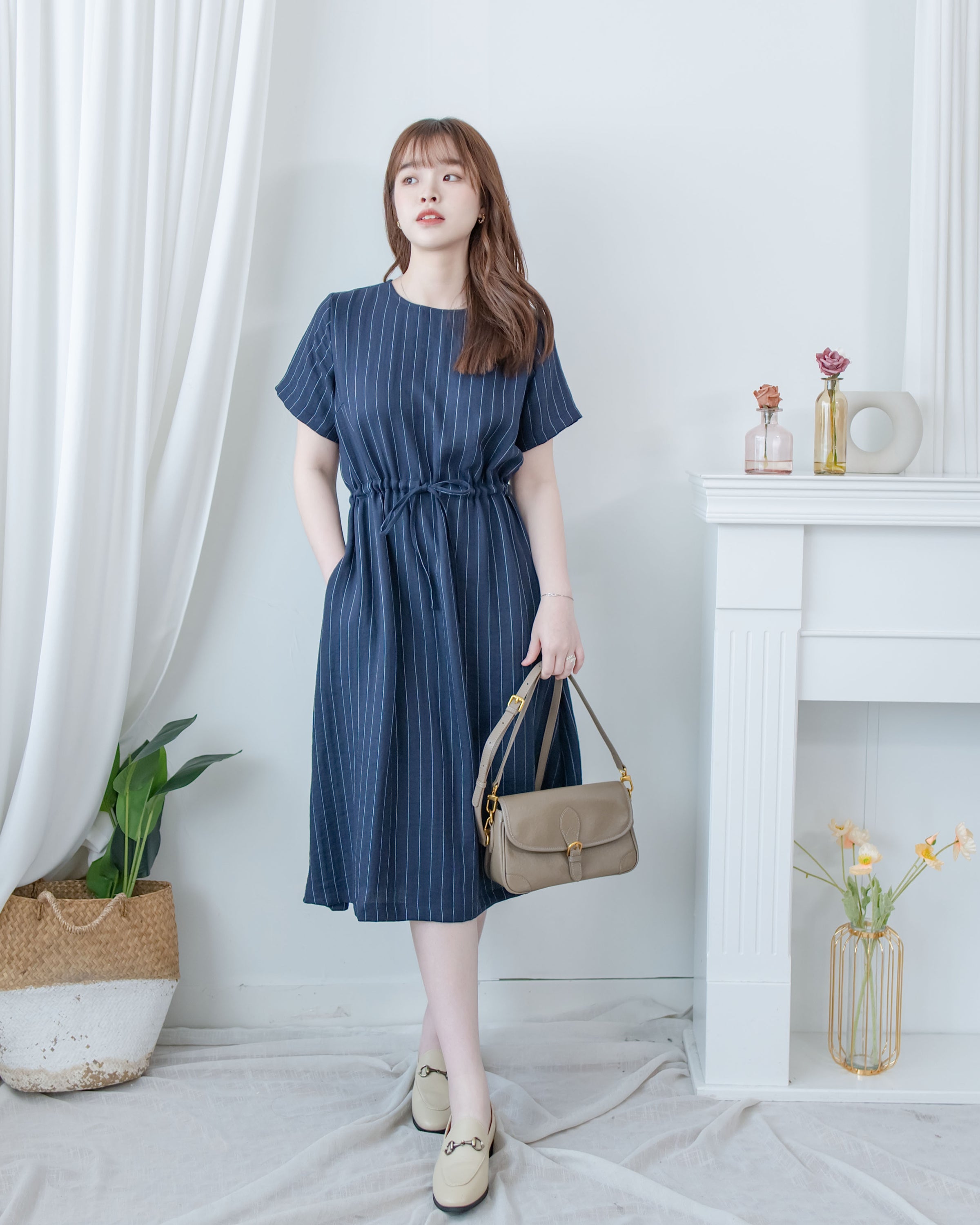 [intent label/ intent 製] Stripe Dress 法式細條防皺棉感口袋連身裙/ DSA8004