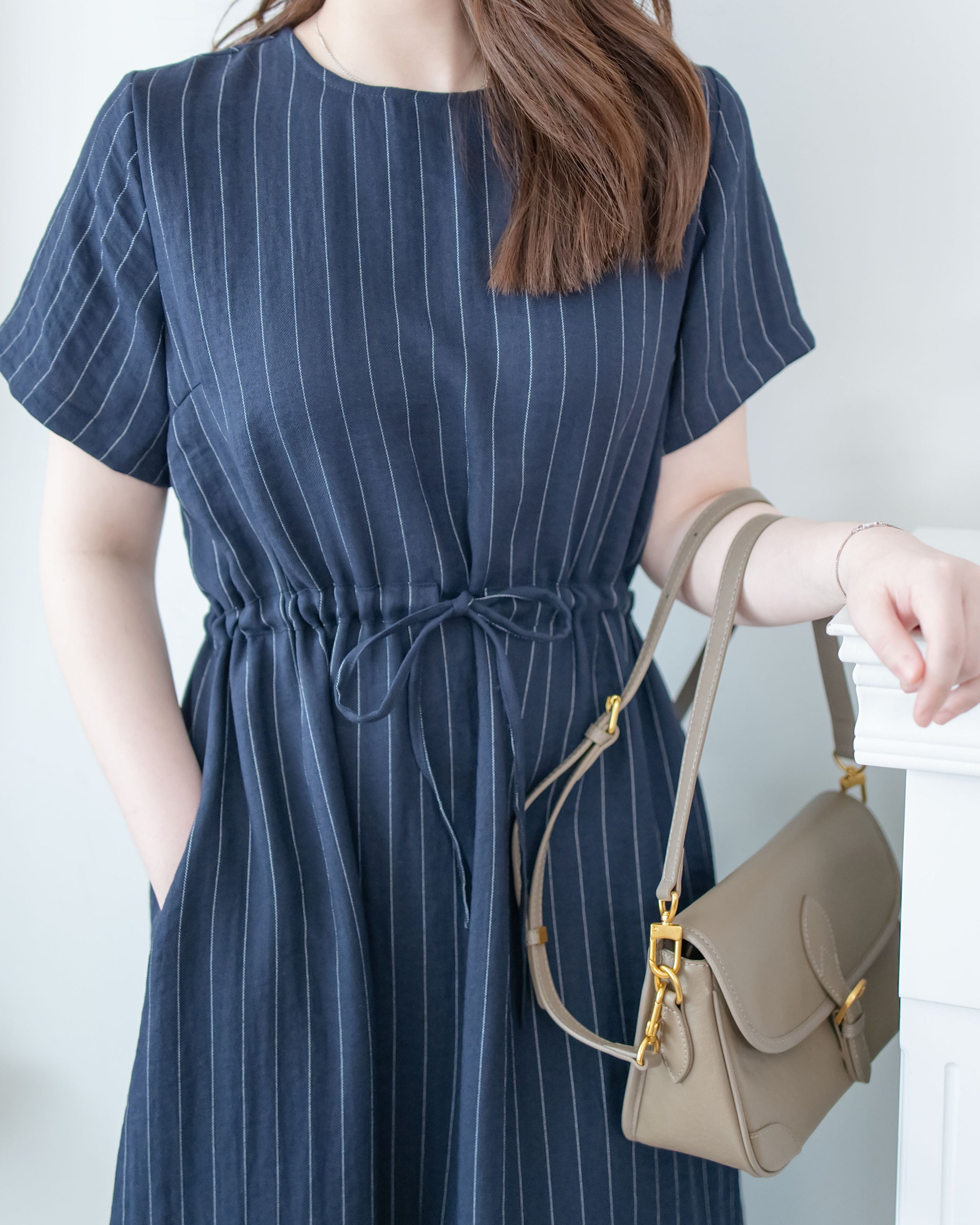 [intent label/ intent 製] Stripe Dress 法式細條防皺棉感口袋連身裙/ DSA8004