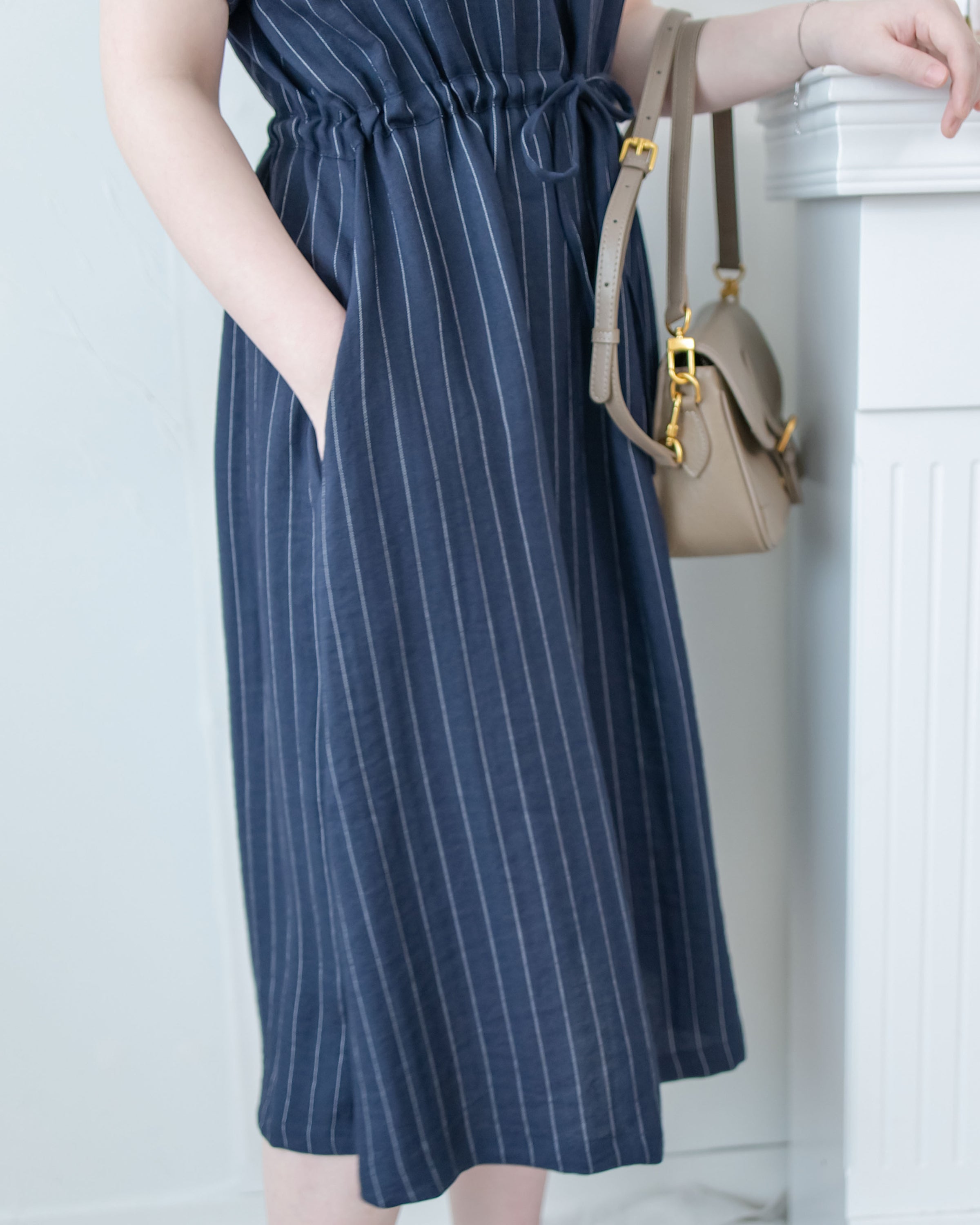 [intent label/ intent 製] Stripe Dress 法式細條防皺棉感口袋連身裙/ DSA8004