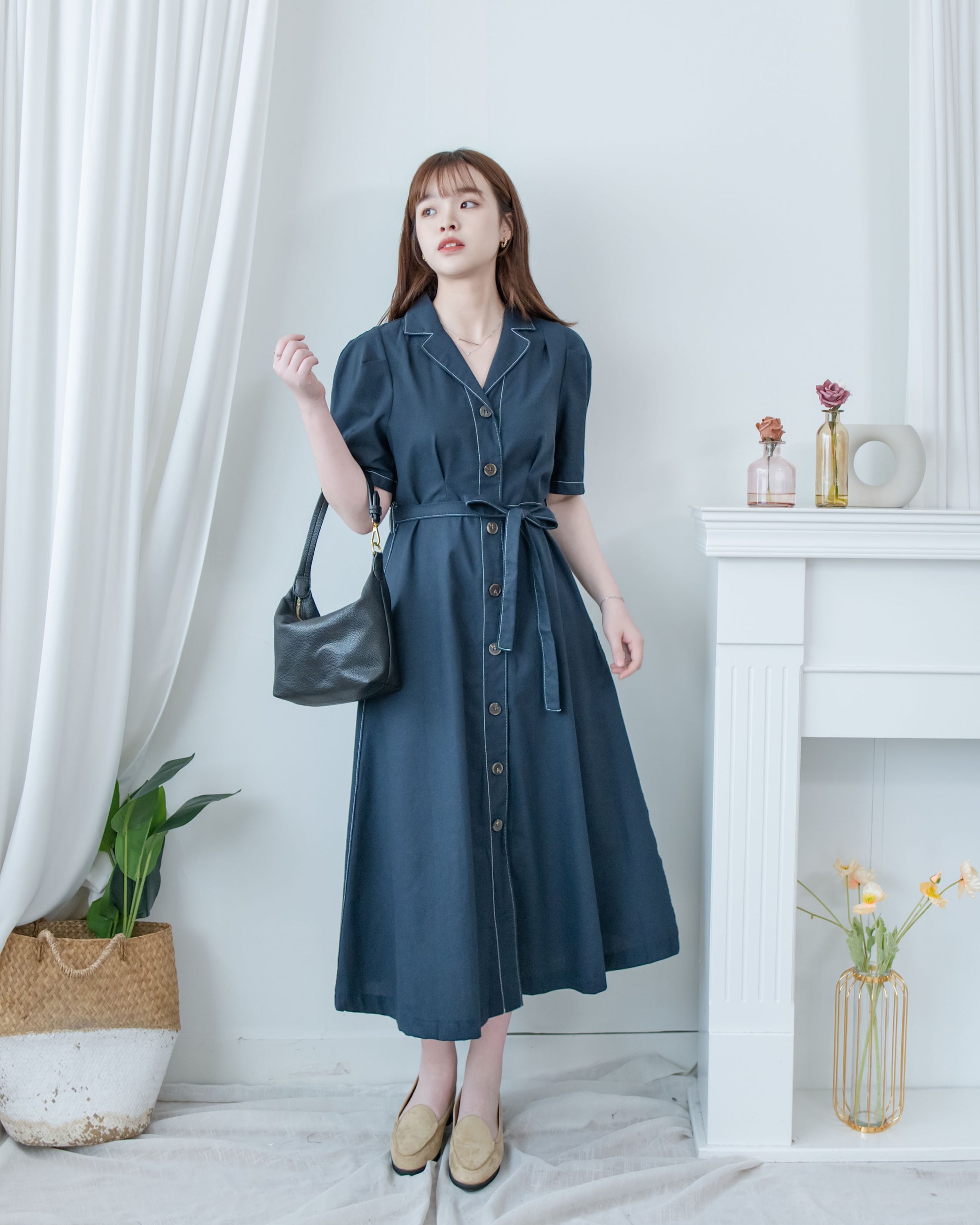 Stitch Linen Dress 明線車邊輕復古腰帶修腰連身裙/ DS1125