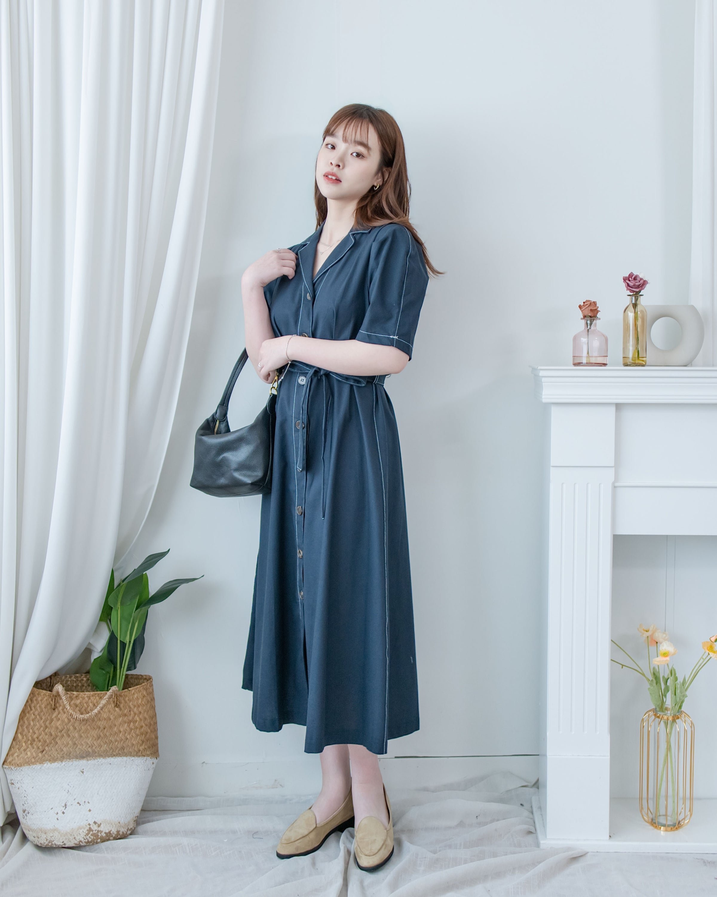 Stitch Linen Dress 明線車邊輕復古腰帶修腰連身裙/ DS1125