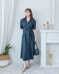 Stitch Linen Dress 明線車邊輕復古腰帶修腰連身裙/ DS1125