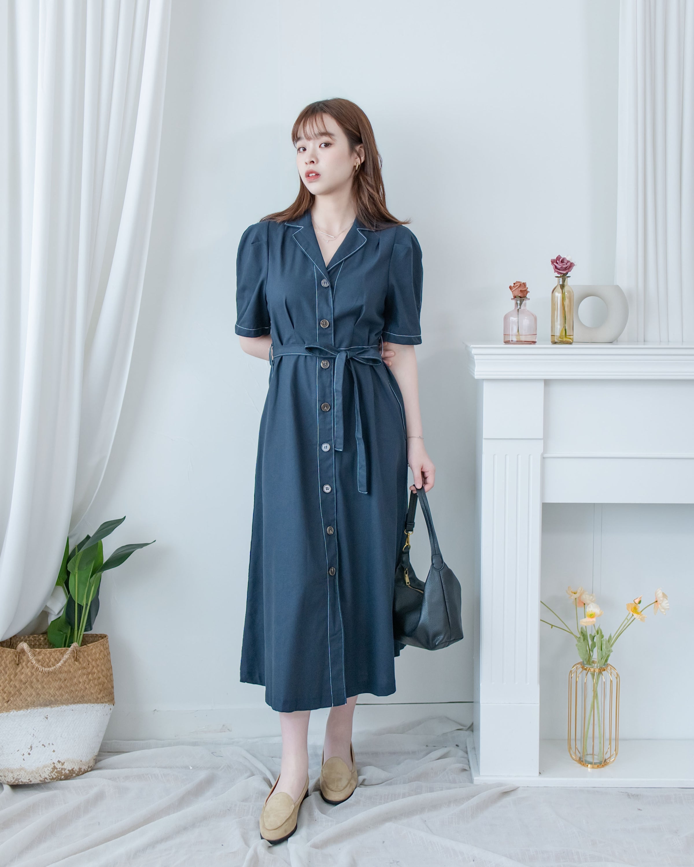Stitch Linen Dress 明線車邊輕復古腰帶修腰連身裙/ DS1125