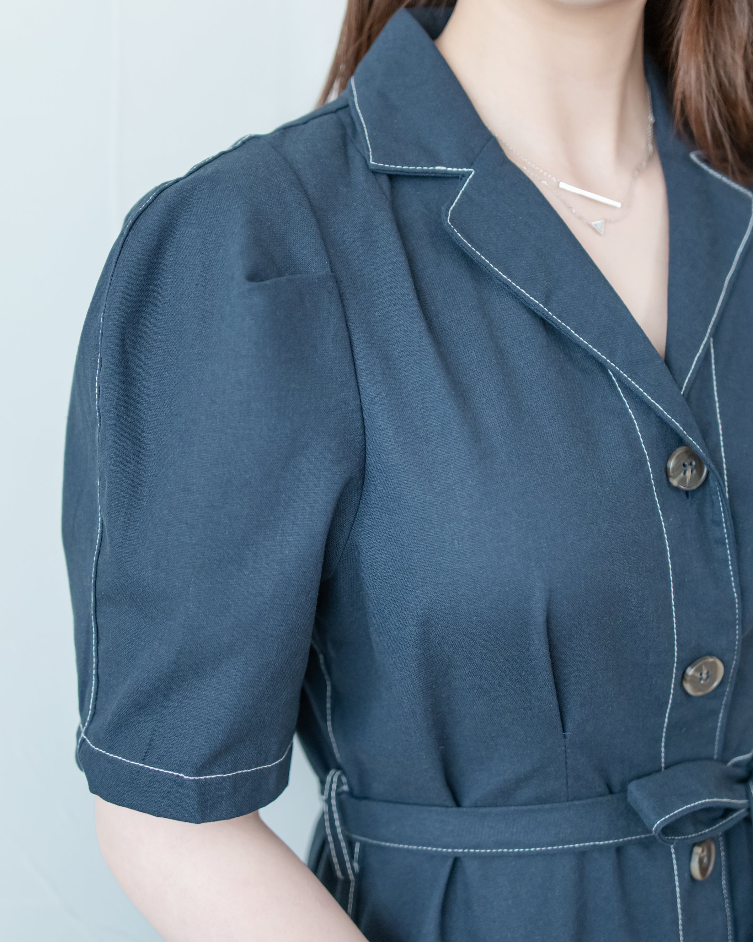Stitch Linen Dress 明線車邊輕復古腰帶修腰連身裙/ DS1125