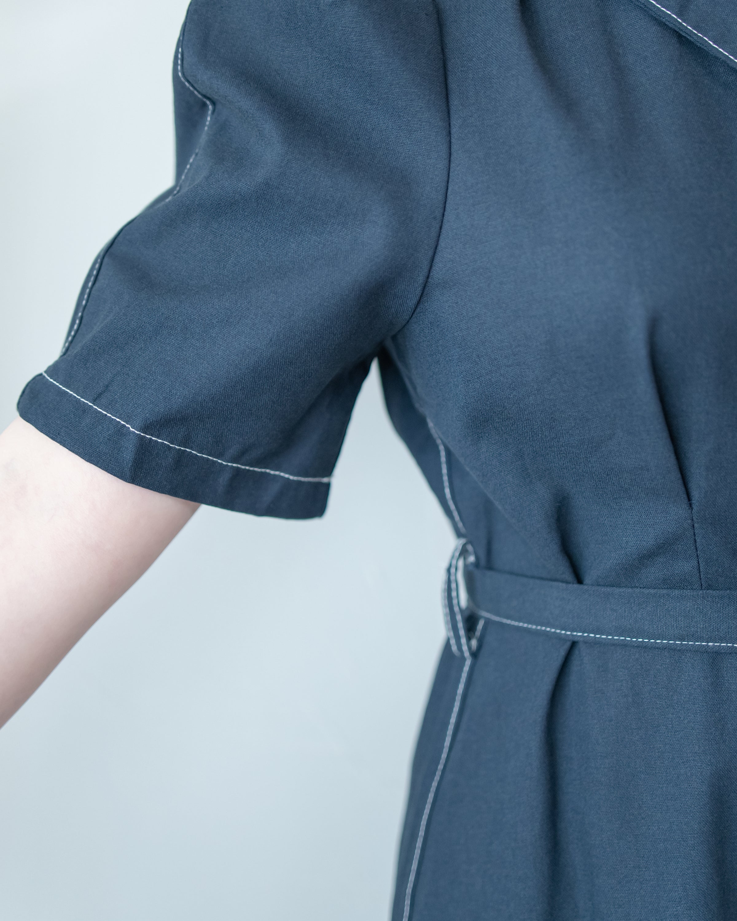 Stitch Linen Dress 明線車邊輕復古腰帶修腰連身裙/ DS1125