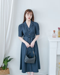 Stitch Linen Dress 明線車邊輕復古腰帶修腰連身裙/ DS1125
