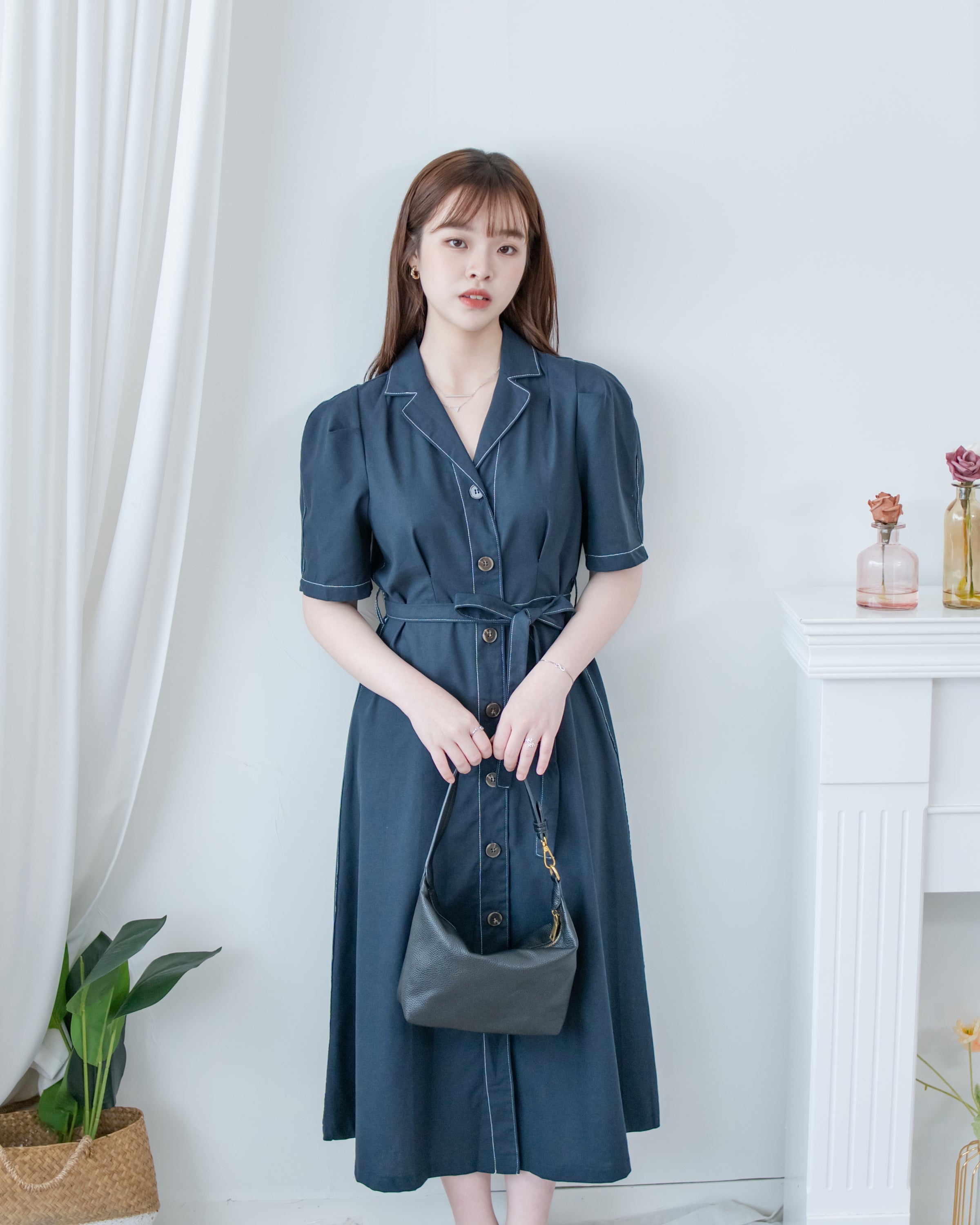 Stitch Linen Dress 明線車邊輕復古腰帶修腰連身裙/ DS1125
