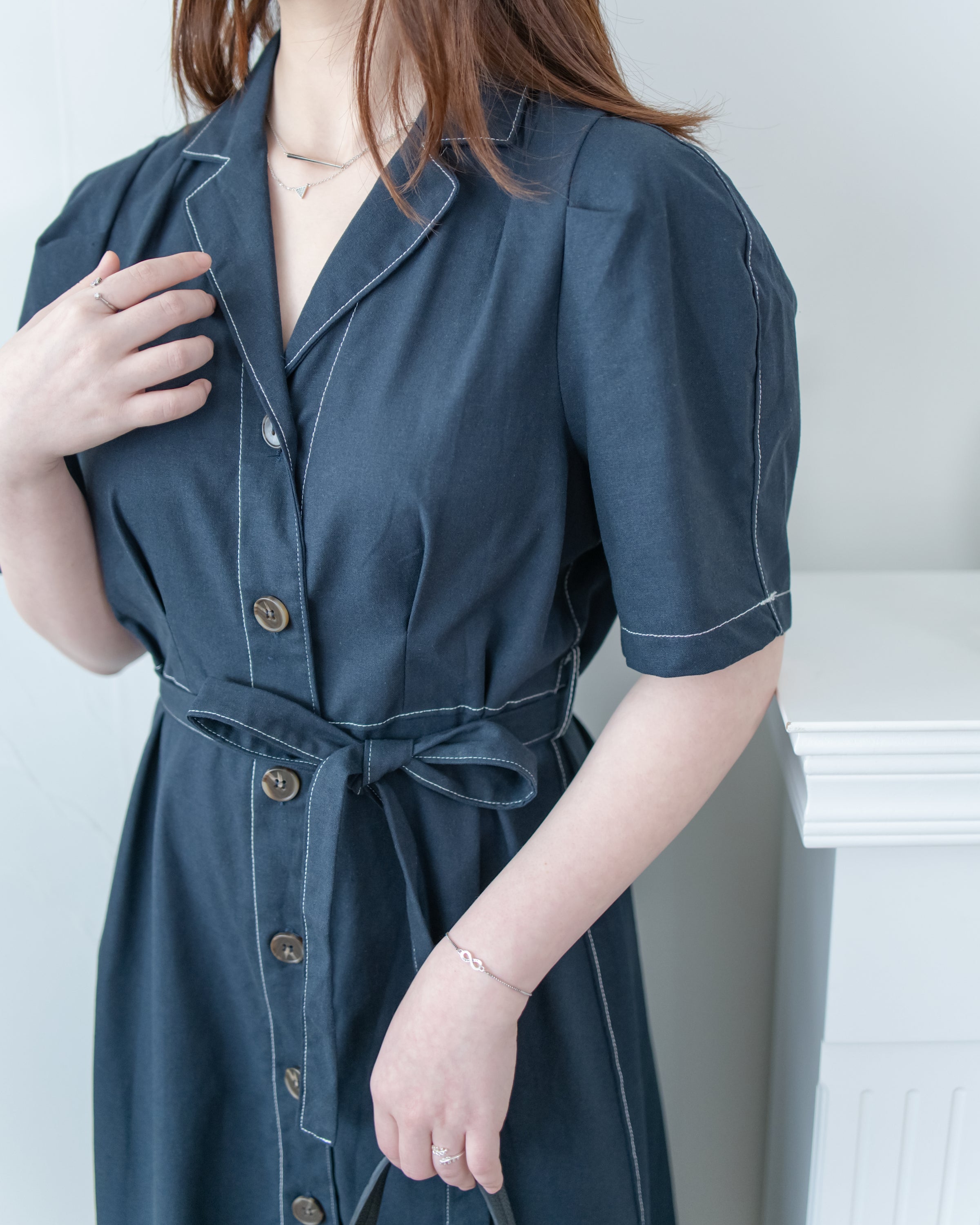 Stitch Linen Dress 明線車邊輕復古腰帶修腰連身裙/ DS1125
