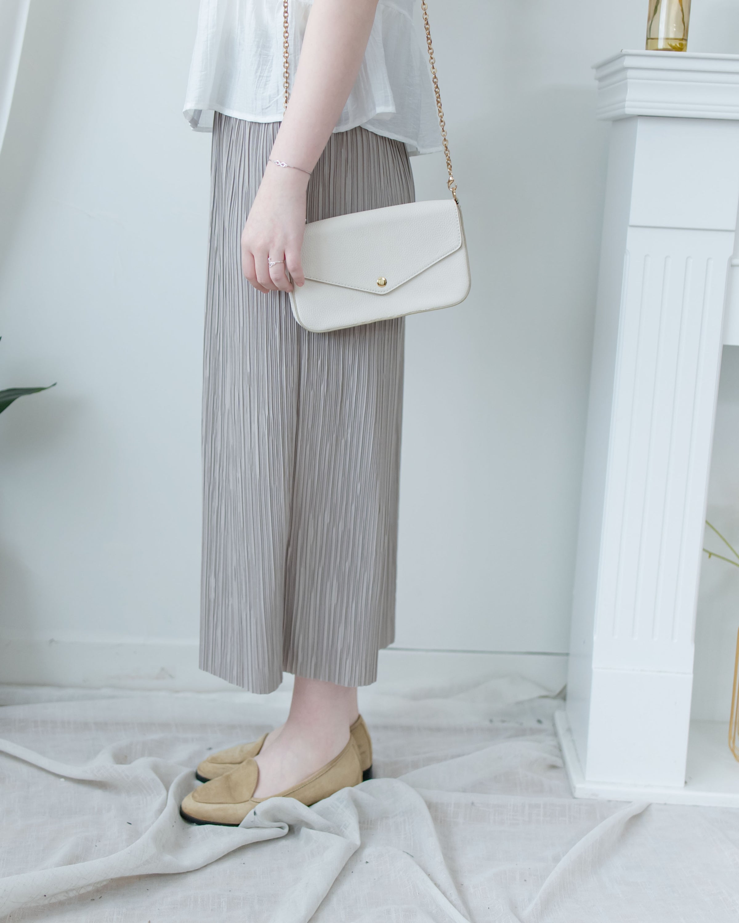 Pleated Shimmer Skirt 微光澤防皺顯瘦直條紋口袋長裙/ SK8943 (pre-order black)