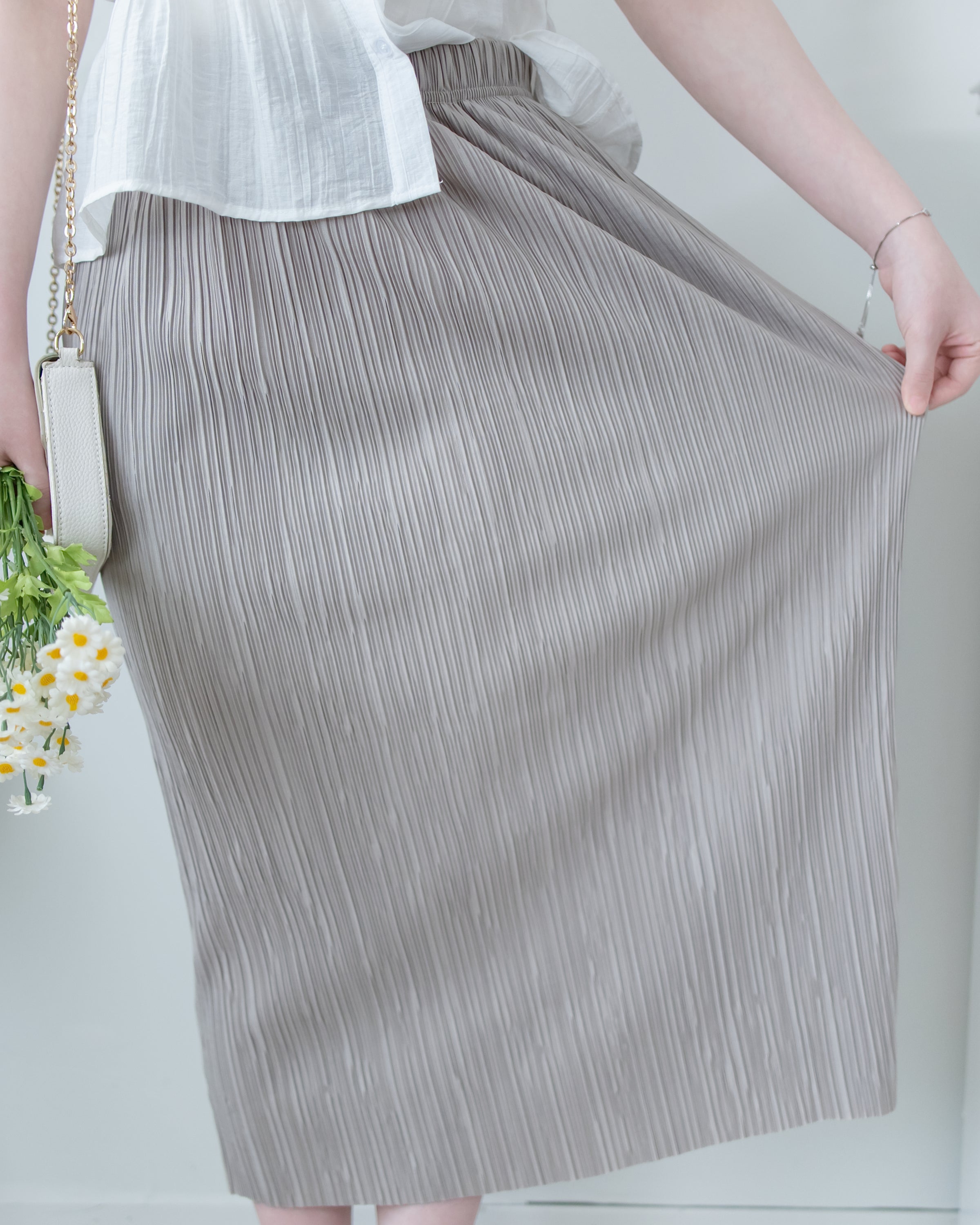Pleated Shimmer Skirt 微光澤防皺顯瘦直條紋口袋長裙/ SK8943 (pre-order black)