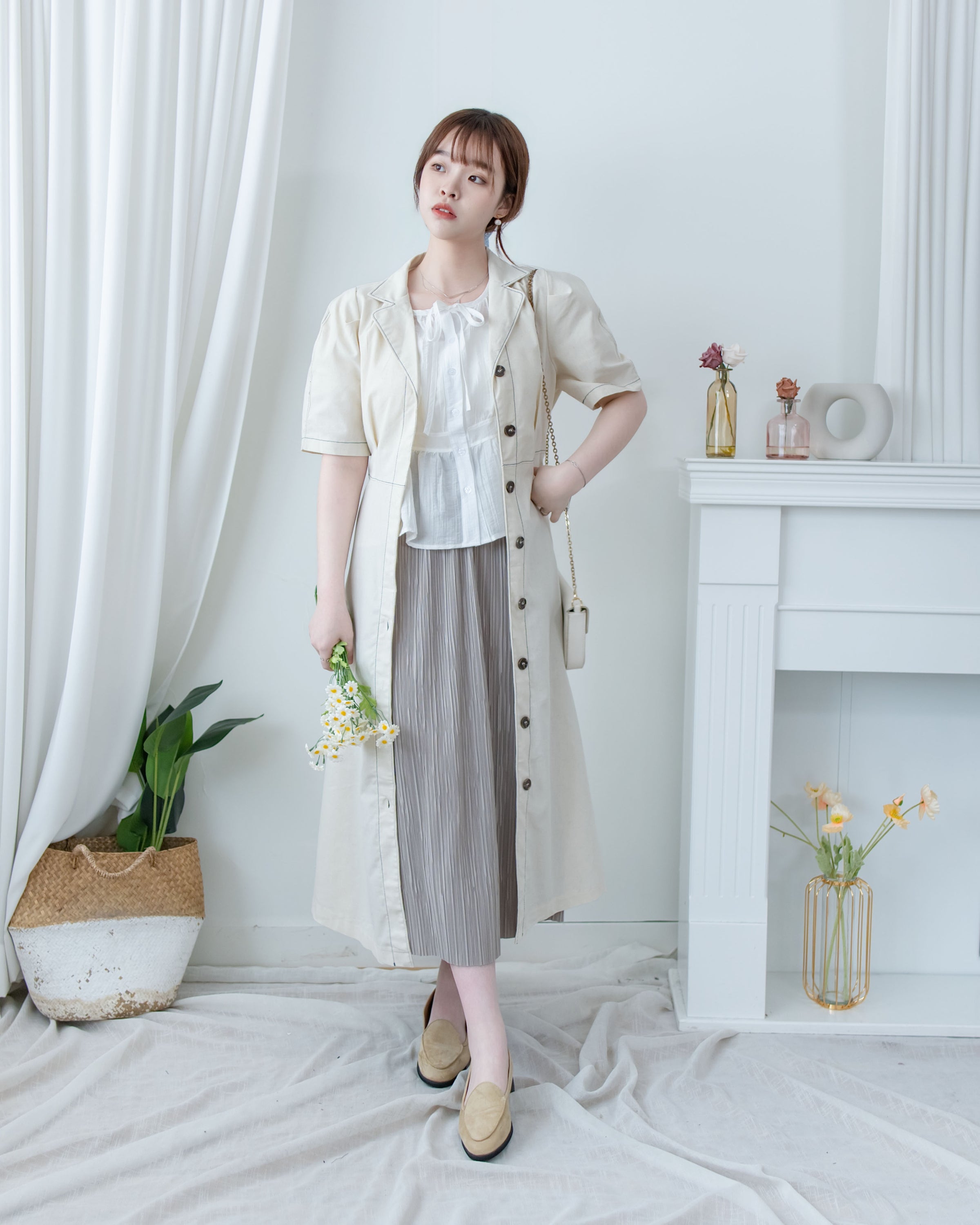 Pleated Shimmer Skirt 微光澤防皺顯瘦直條紋口袋長裙/ SK8943 (pre-order black)