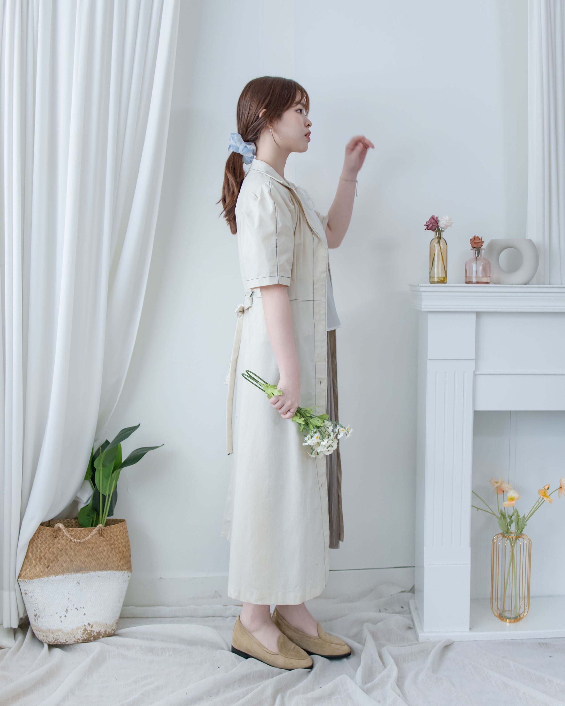 Stitch Linen Dress 明線車邊輕復古腰帶修腰連身裙/ DS1125