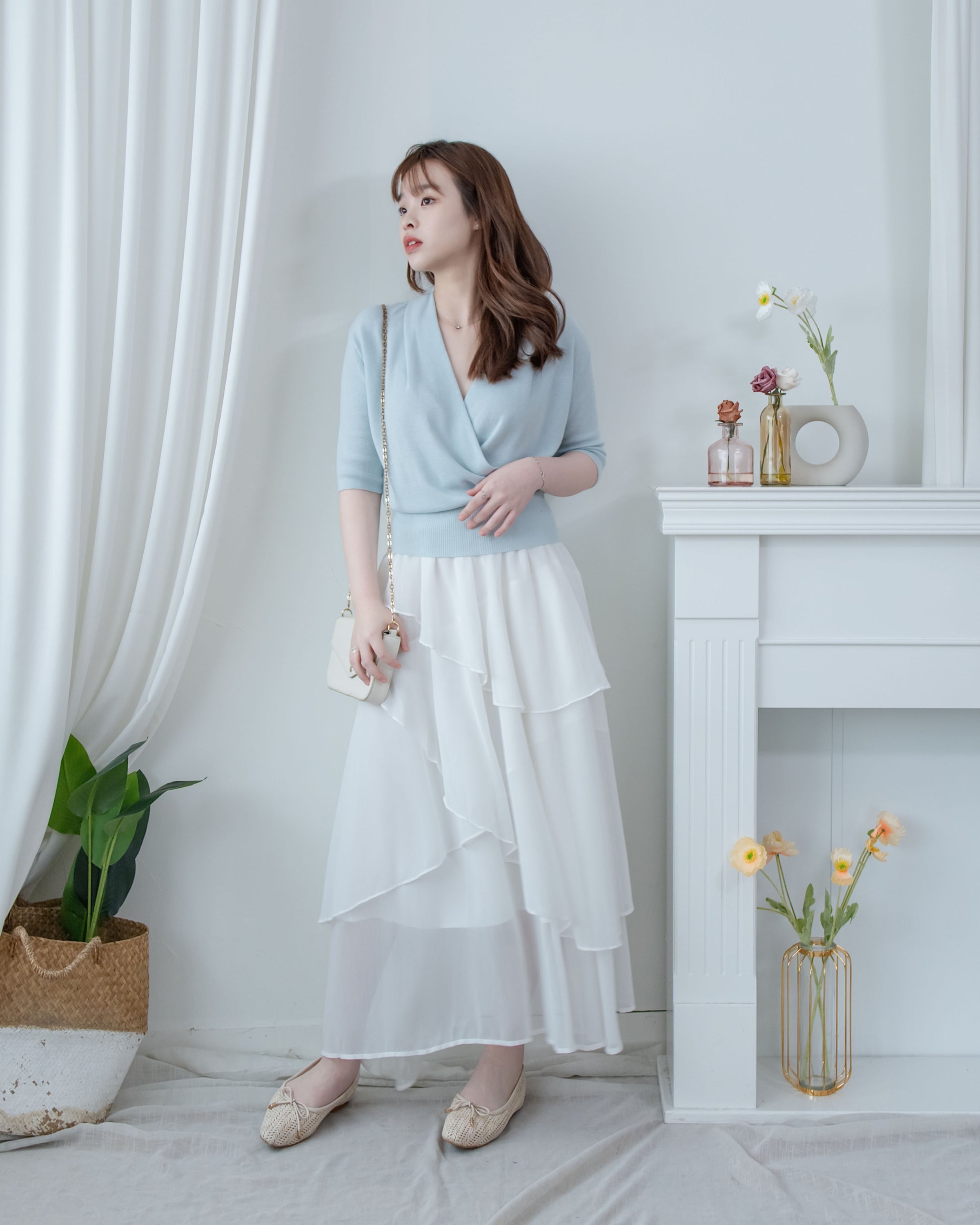 Wrap Knit Top 溫柔交疊領隨性織紋針織上衣/ TP9226 (pre-order mintblue)