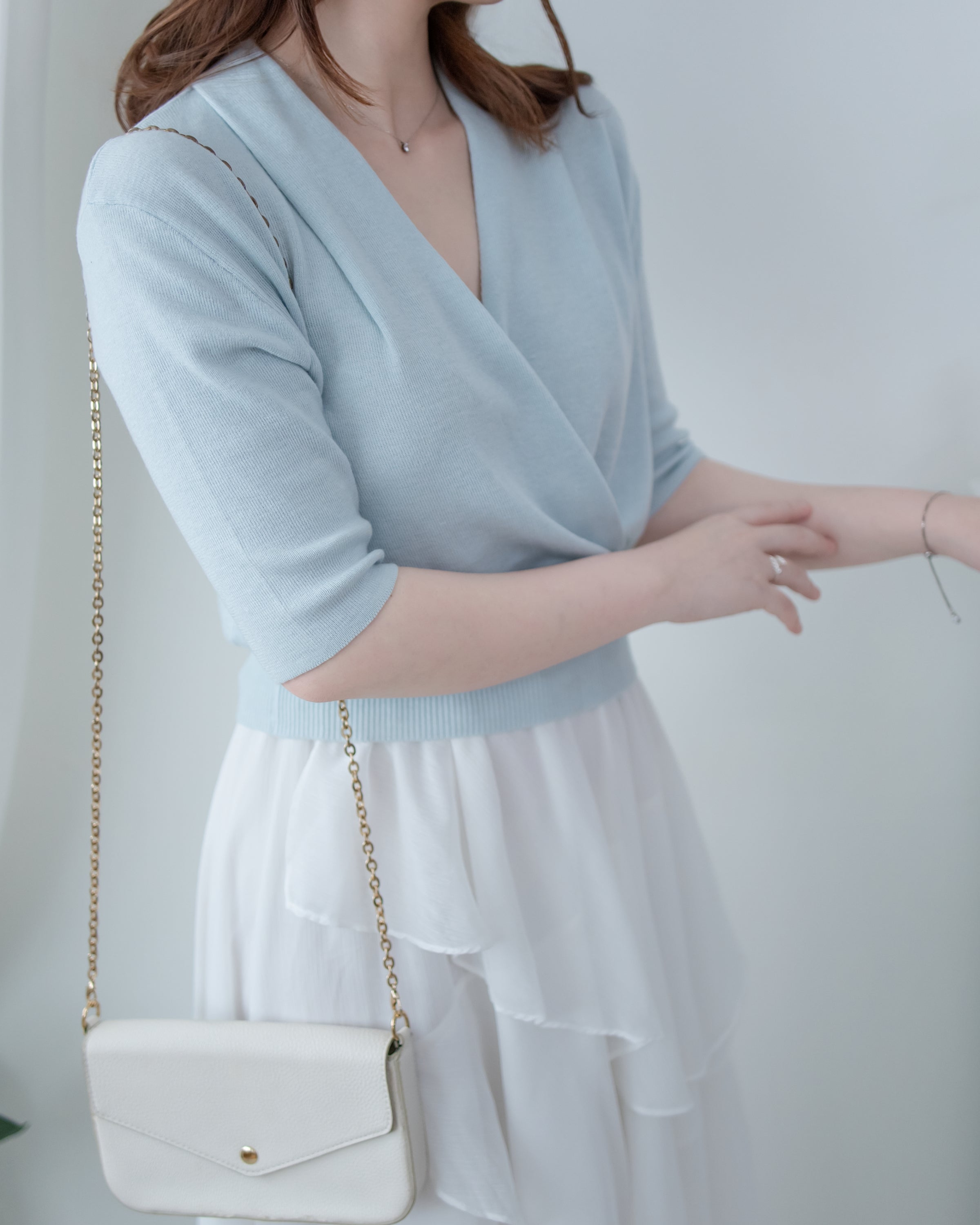 Wrap Knit Top 溫柔交疊領隨性織紋針織上衣/ TP9226 (pre-order mintblue)