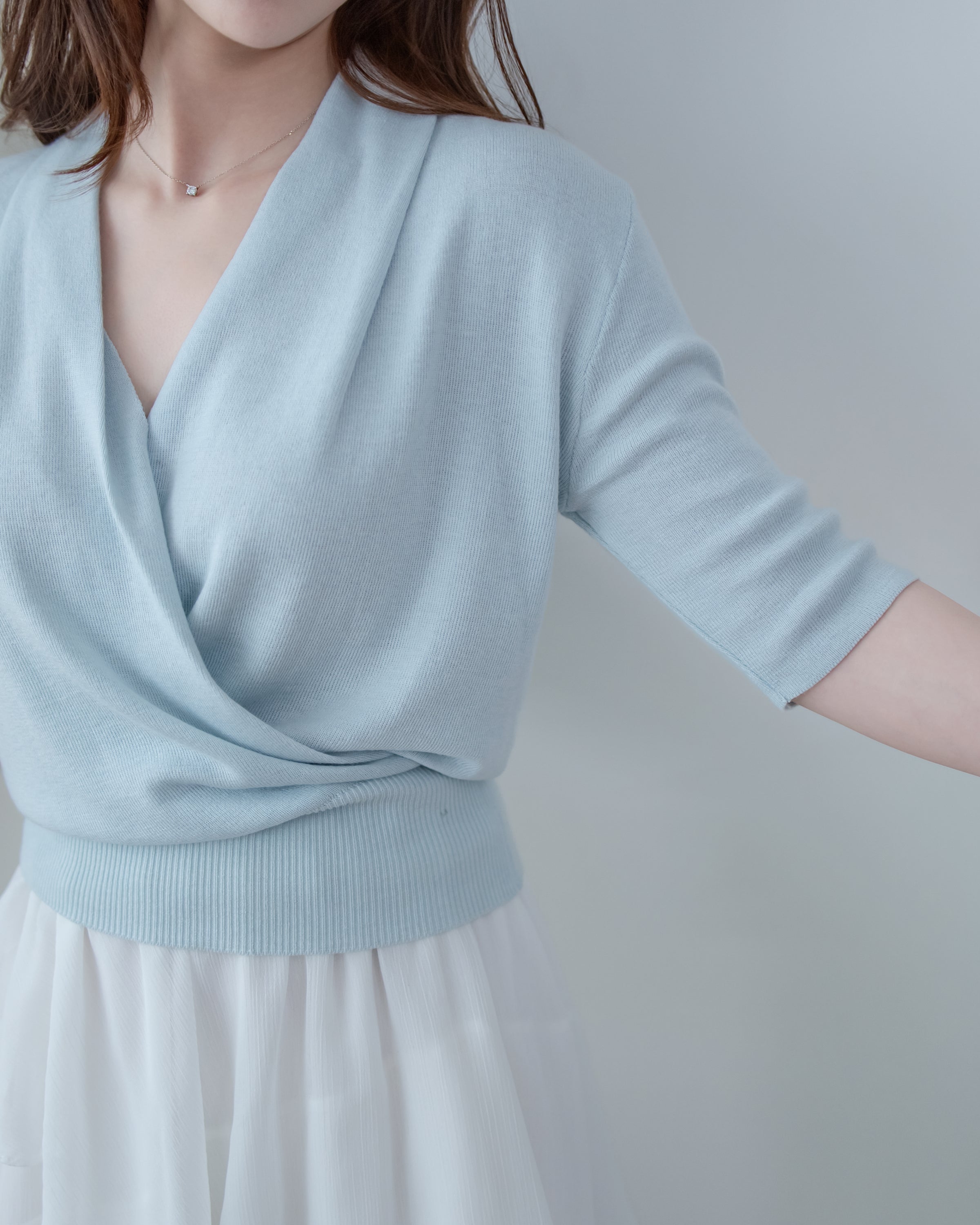 Wrap Knit Top 溫柔交疊領隨性織紋針織上衣/ TP9226 (pre-order mintblue)