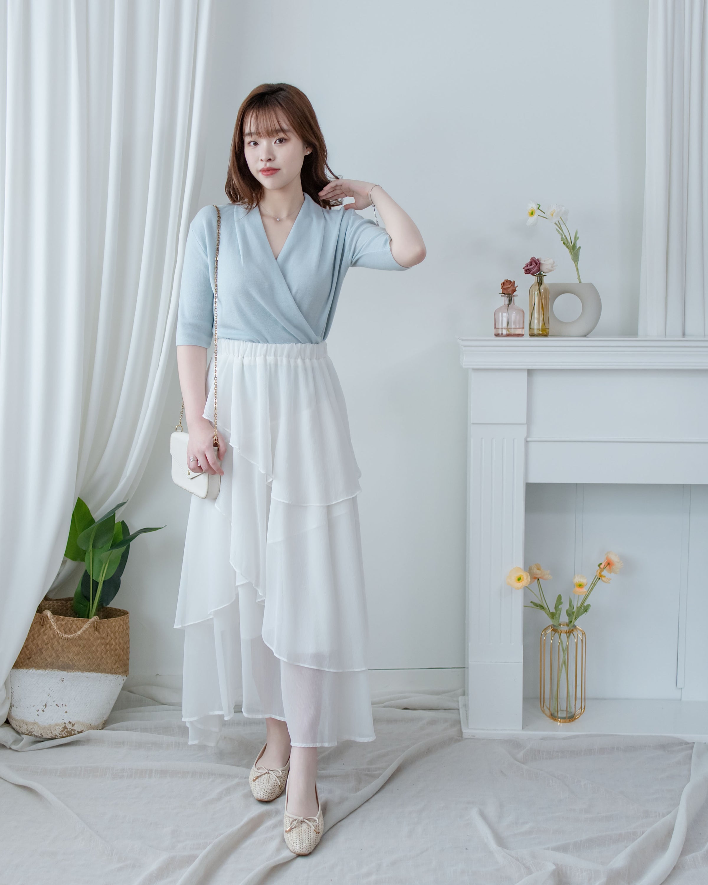 Wrap Knit Top 溫柔交疊領隨性織紋針織上衣/ TP9226 (pre-order mintblue)