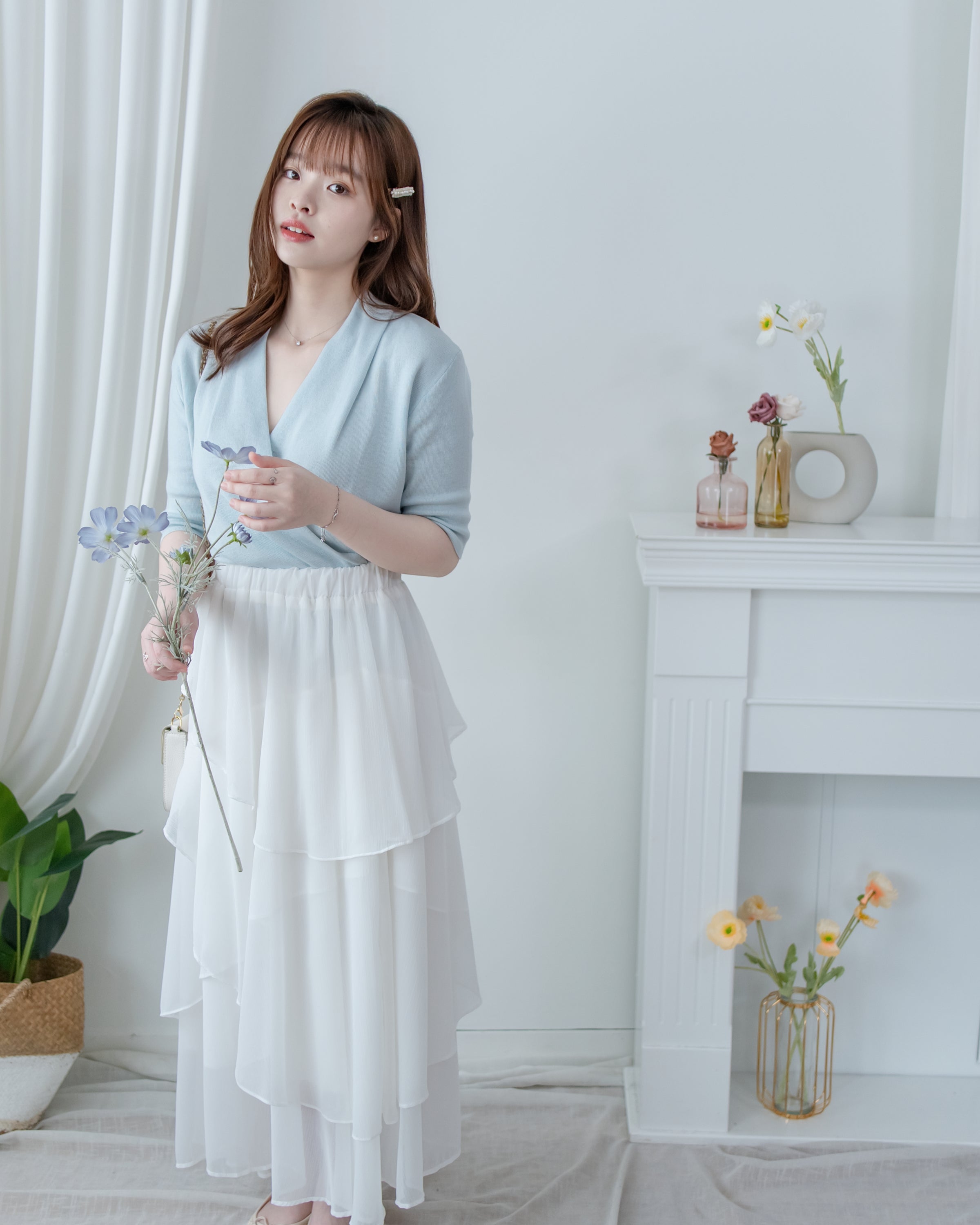 Wrap Knit Top 溫柔交疊領隨性織紋針織上衣/ TP9226 (pre-order mintblue)