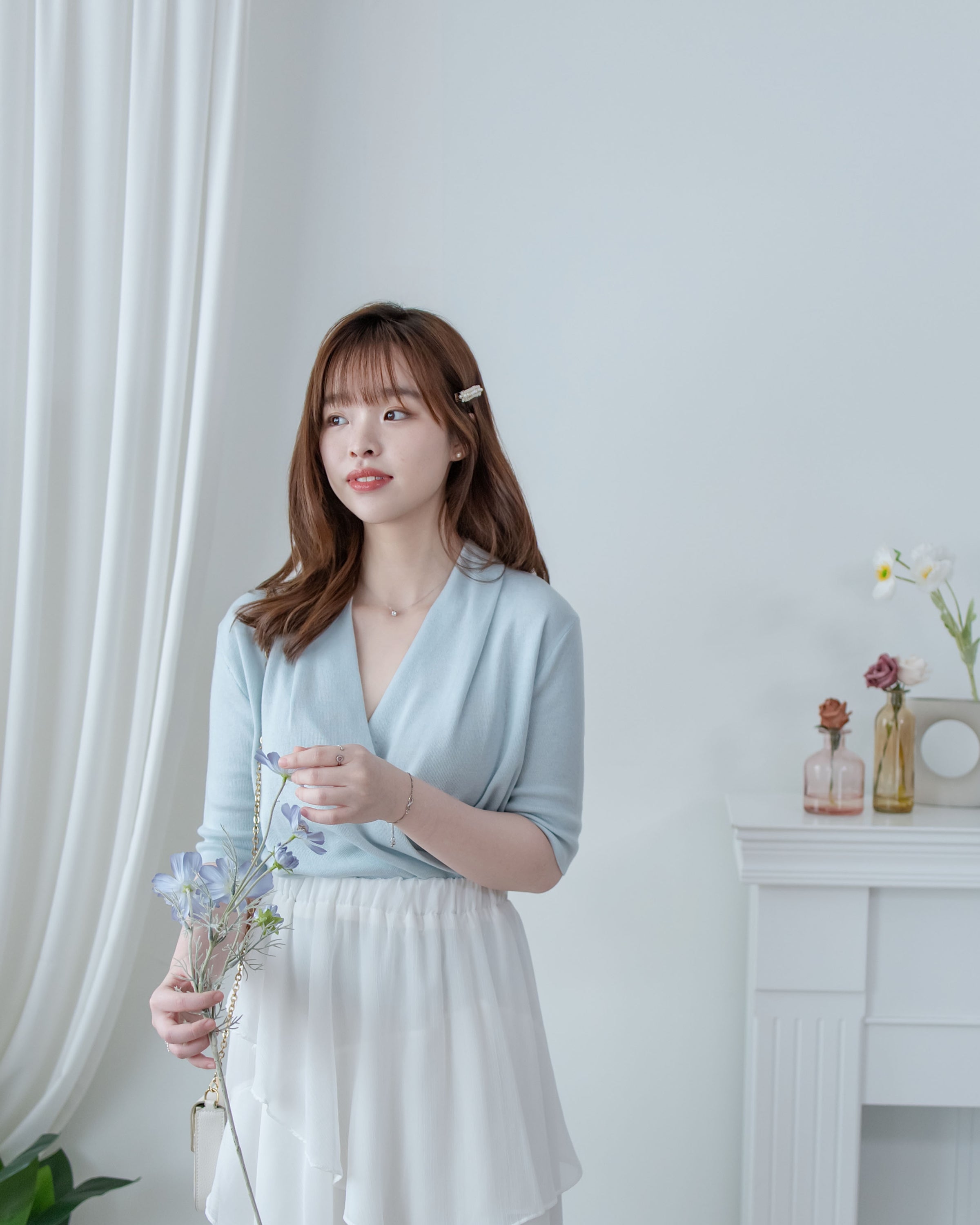 Wrap Knit Top 溫柔交疊領隨性織紋針織上衣/ TP9226 (pre-order mintblue)
