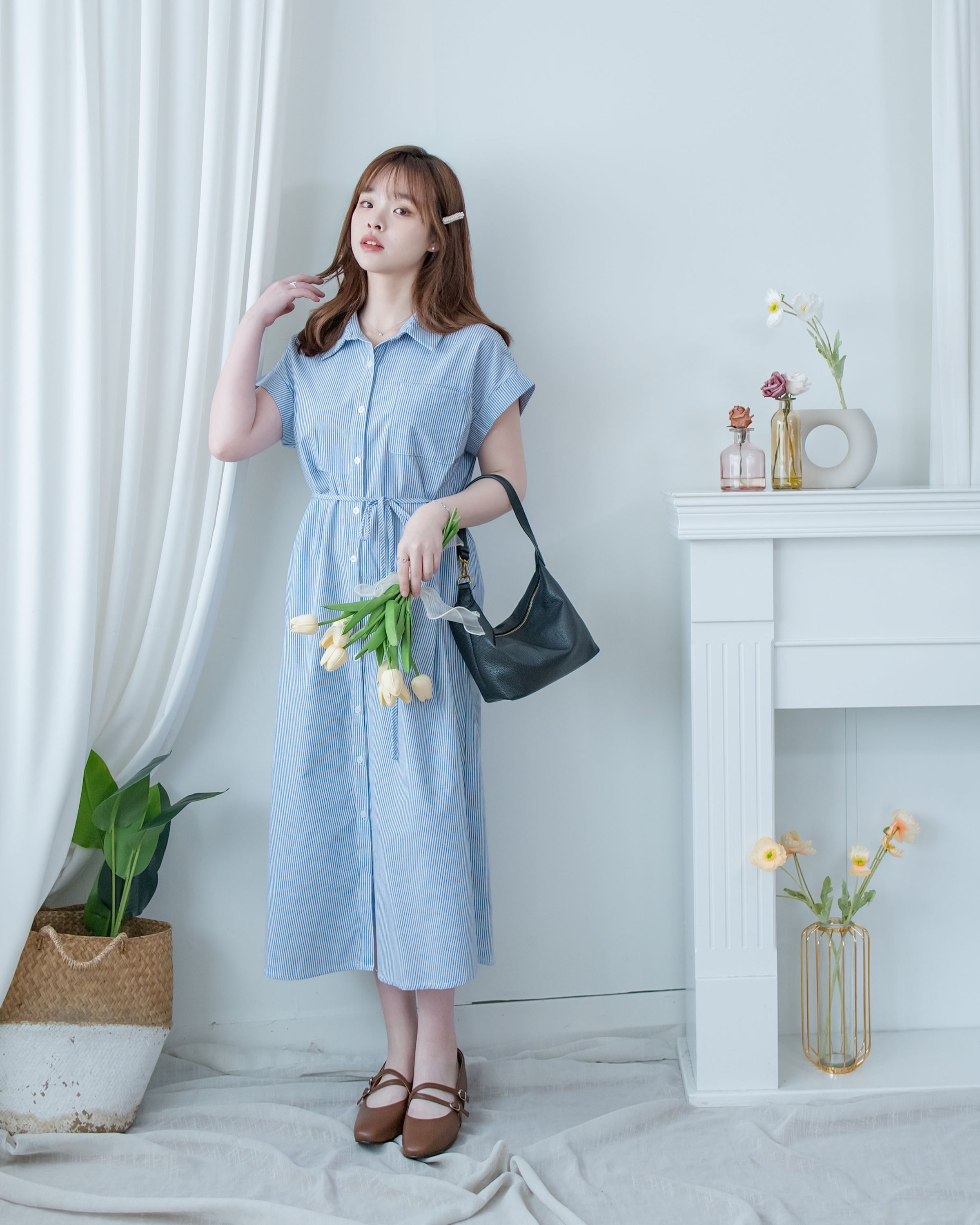 Linen Stripe Dress 法式藍白條紋翻褶袖綁帶連身裙/ DS1129 (Pre-order)