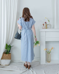 Linen Stripe Dress 法式藍白條紋翻褶袖綁帶連身裙/ DS1129 (Pre-order)
