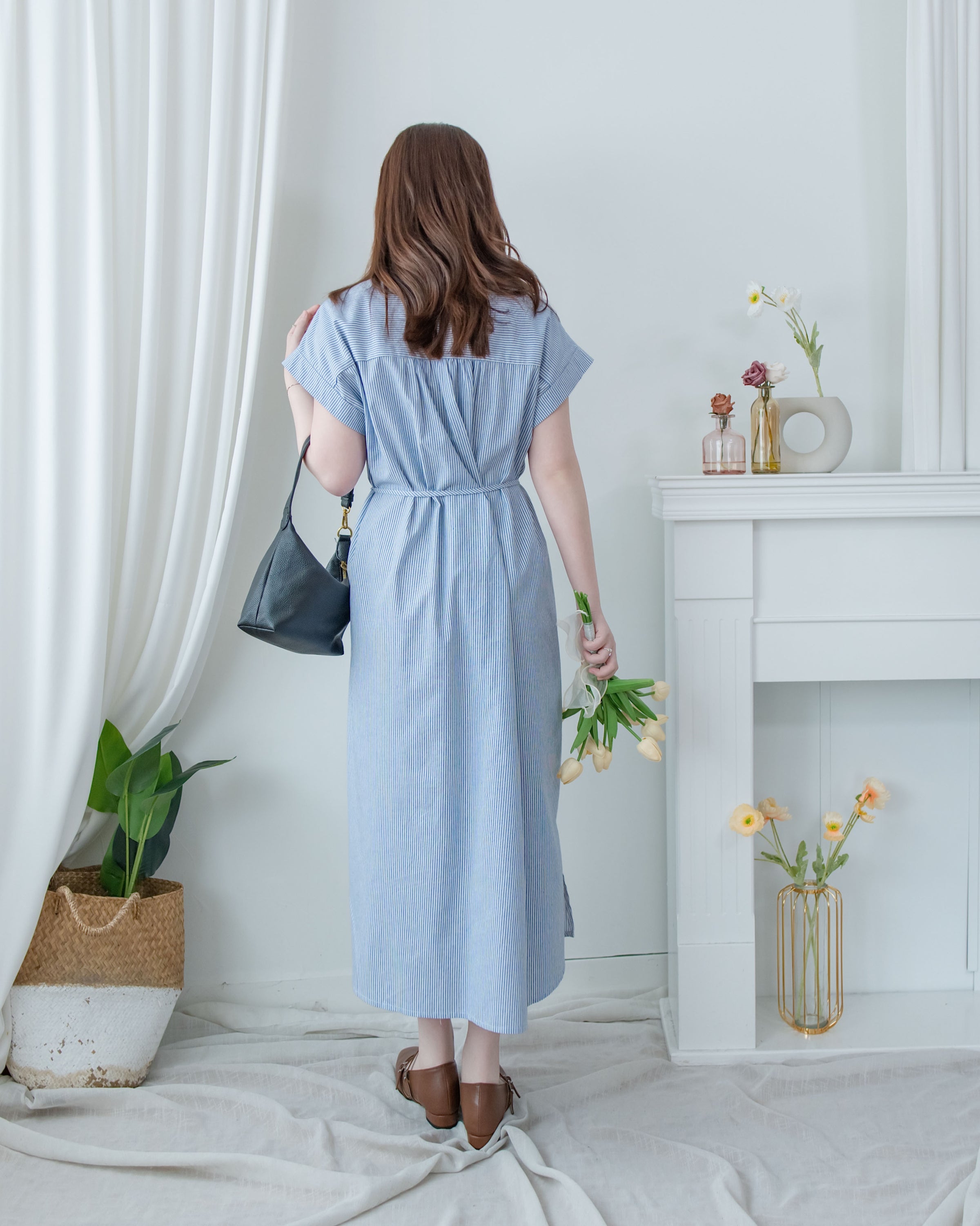 Linen Stripe Dress 法式藍白條紋翻褶袖綁帶連身裙/ DS1129 (Pre-order)