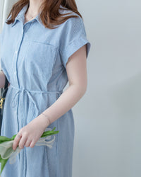 Linen Stripe Dress 法式藍白條紋翻褶袖綁帶連身裙/ DS1129 (Pre-order)