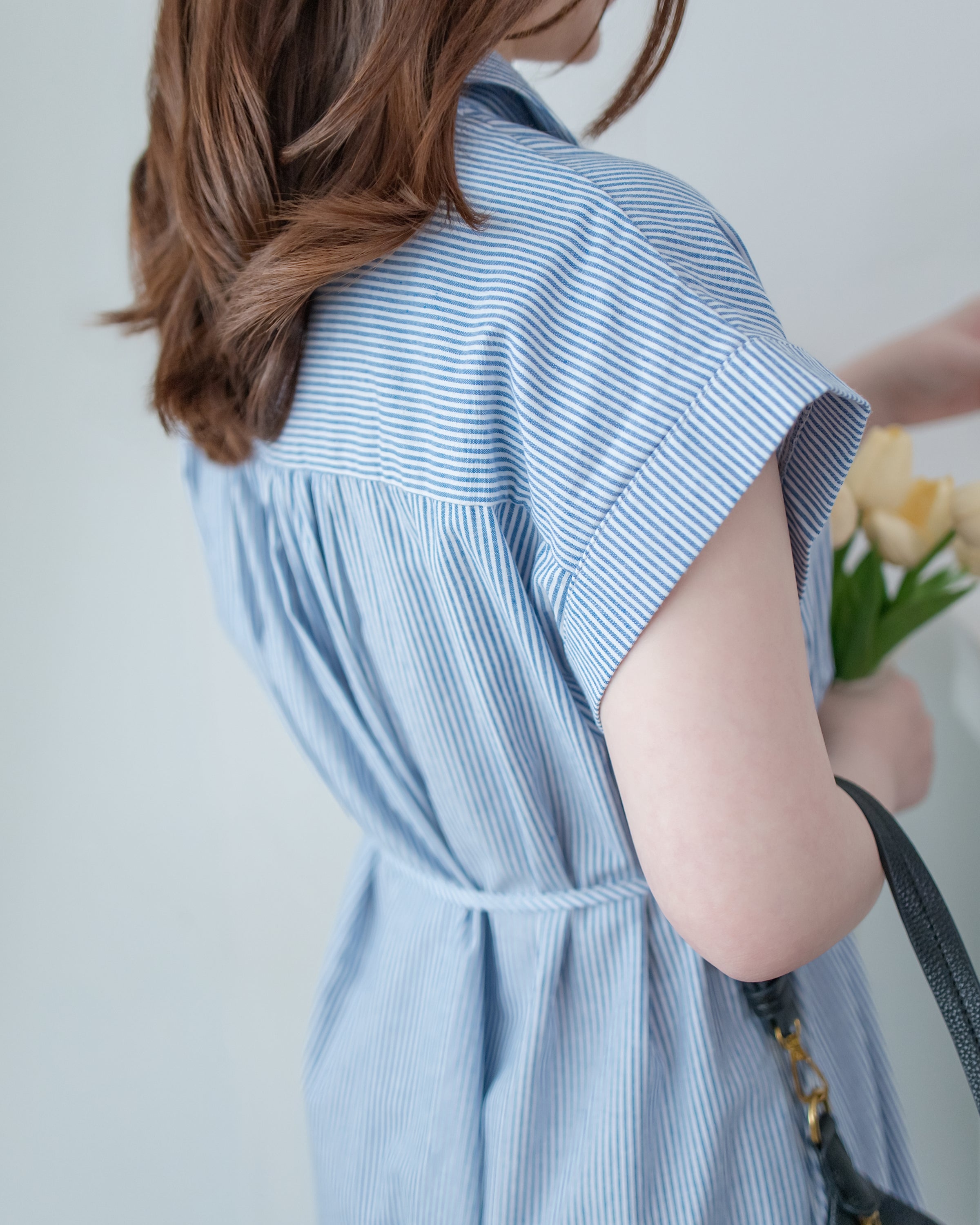 Linen Stripe Dress 法式藍白條紋翻褶袖綁帶連身裙/ DS1129 (Pre-order)