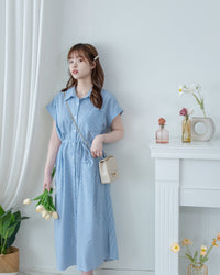 Linen Stripe Dress 法式藍白條紋翻褶袖綁帶連身裙/ DS1129 (Pre-order)
