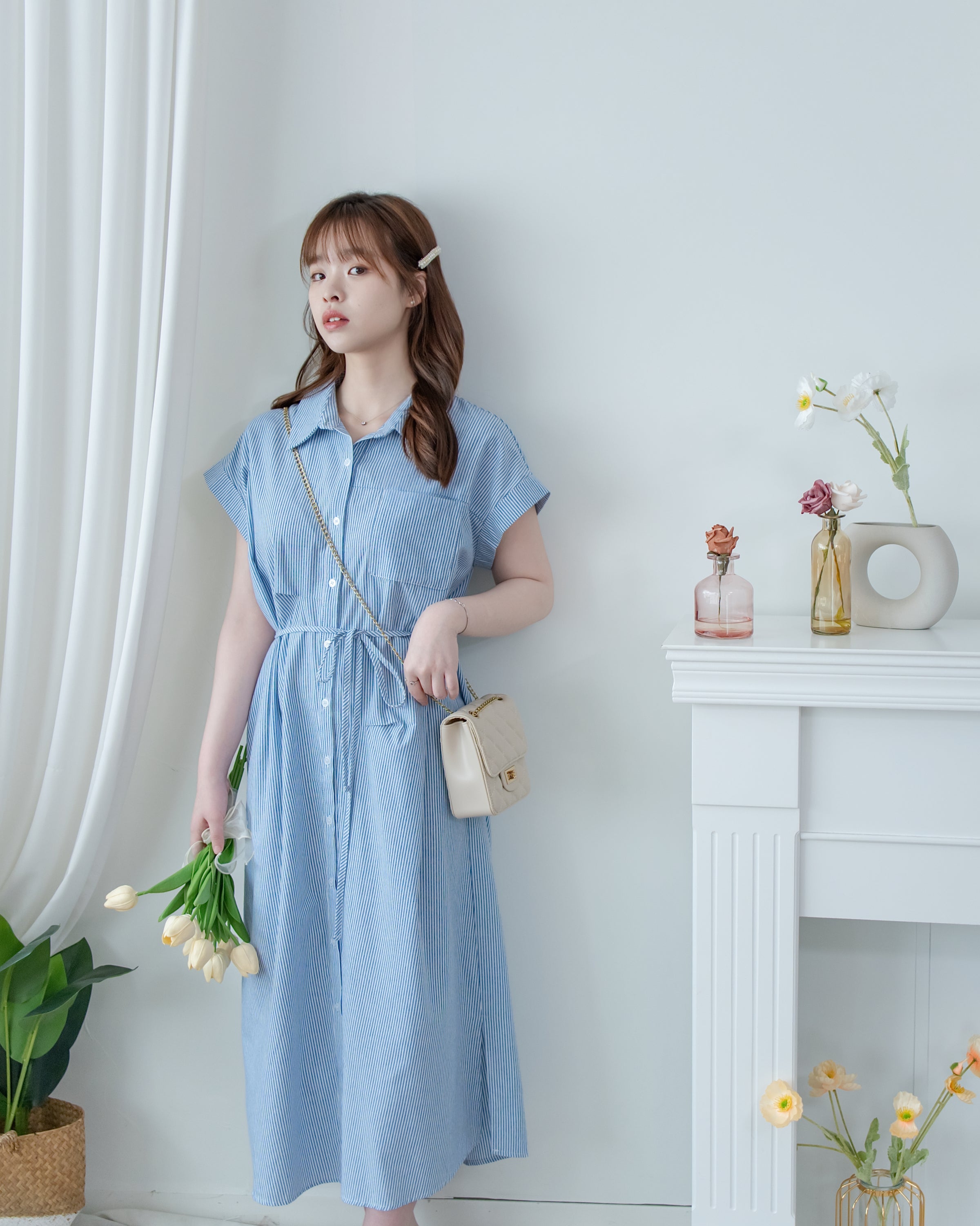 Linen Stripe Dress 法式藍白條紋翻褶袖綁帶連身裙/ DS1129 (Pre-order)