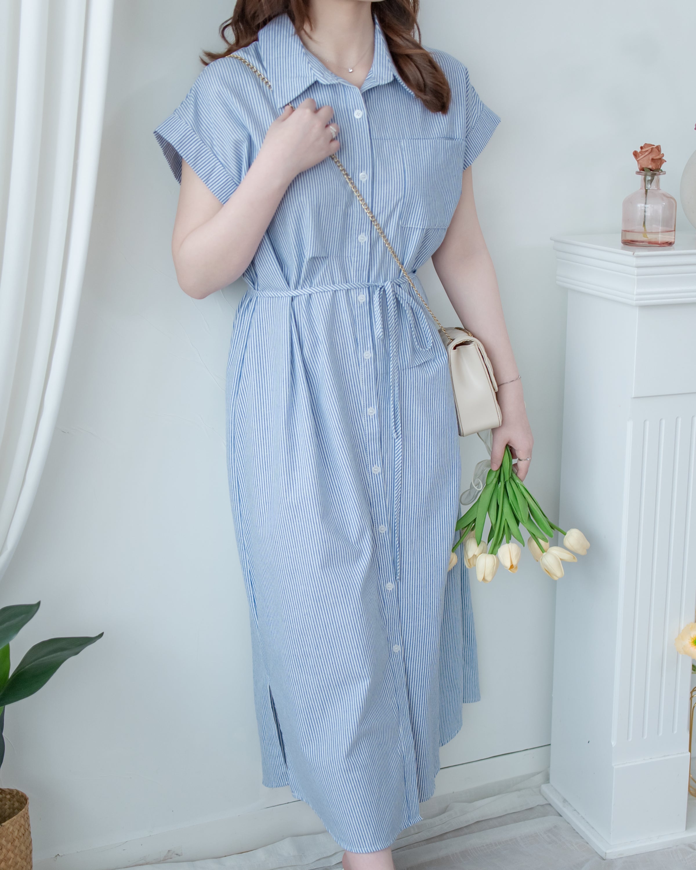 Linen Stripe Dress 法式藍白條紋翻褶袖綁帶連身裙/ DS1129 (Pre-order)