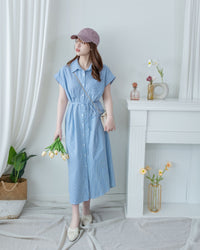 Linen Stripe Dress 法式藍白條紋翻褶袖綁帶連身裙/ DS1129 (Pre-order)